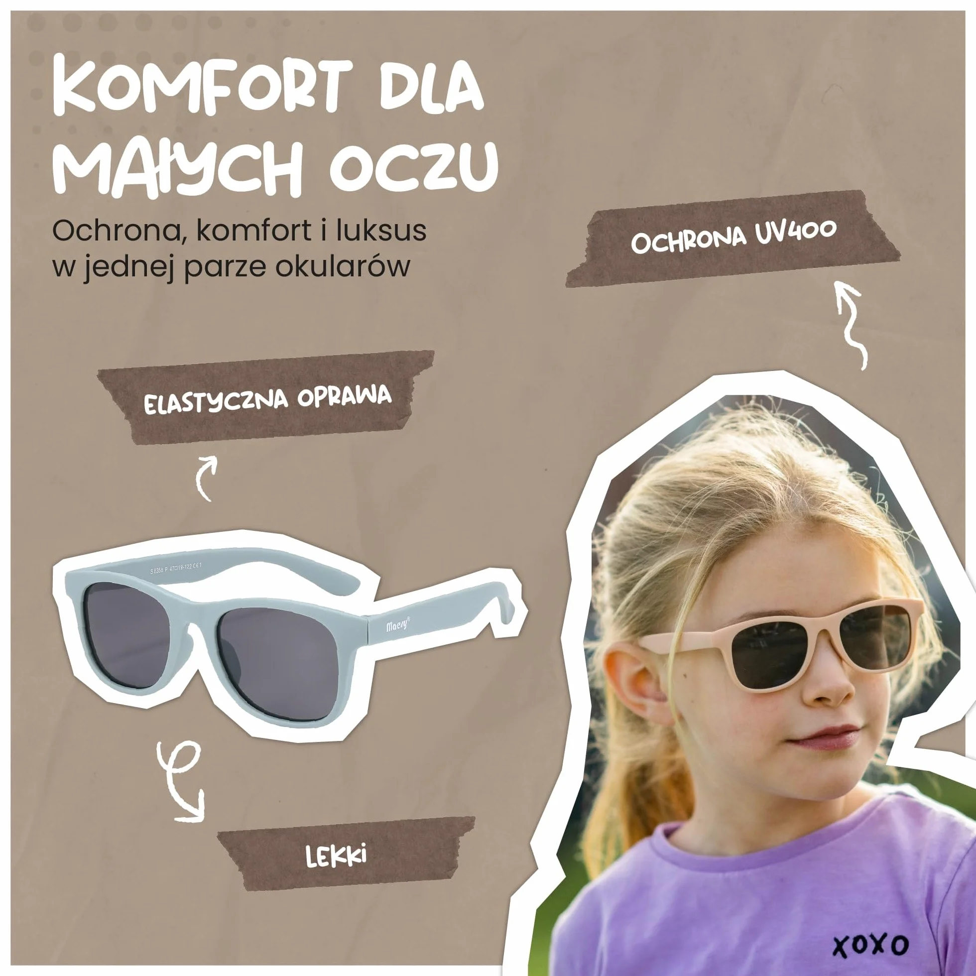 dziecięce okulary przeciwsłoneczne Lino - 3-6 lat - elastyczne, wyginane - ochrona UV400 z polaryzacją - maluchy i przedszkolaki - chłopcy i dziewczynki - kwadratowe