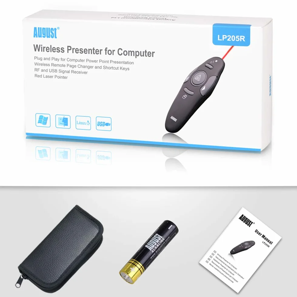 Bezprzewodowe wskaźniki prezentacyjne - August LP205 - pilot do prezentacji PowerPoint pokaz slajdów Clicker wskaźnik laserowy do Windows i Mac [czarny]