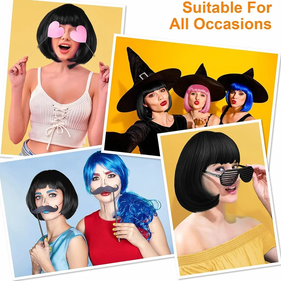 AUYAO Błyszcząca czarna peruka krótka prosta Anime Cosplay peruka z włosami, krótkie peruki Bob z grzywką, peruki w kolorze neonowym na Halloween karnawał dla kobiet i dziewcząt