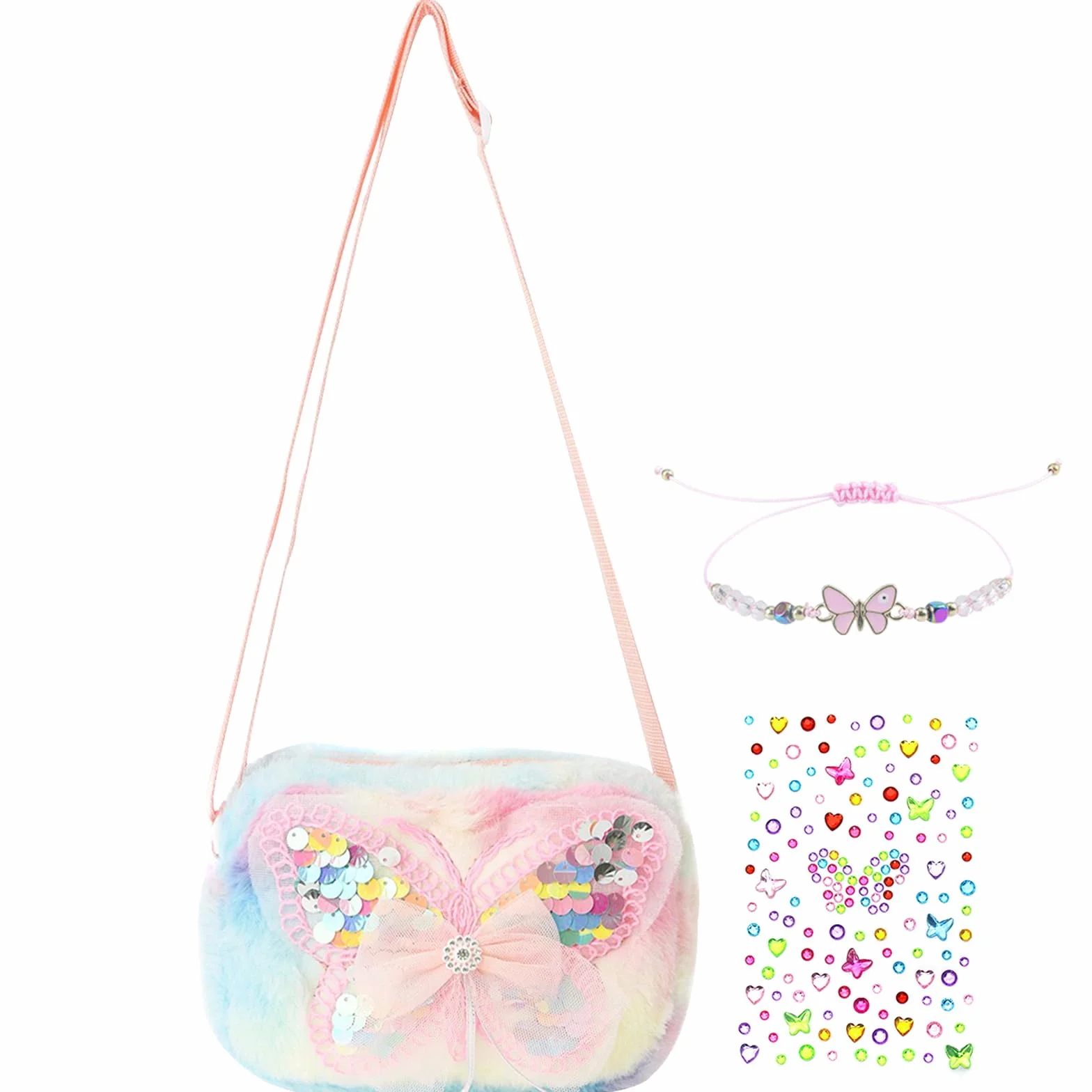 Torba dziewczęca, tęcza mała torebka z regulowanym paskiem pluszowa torba na ramię dla dziewczynki 2-10 lat, 17 x 6 x 12 cm, Tęczowa torba dziewczęca