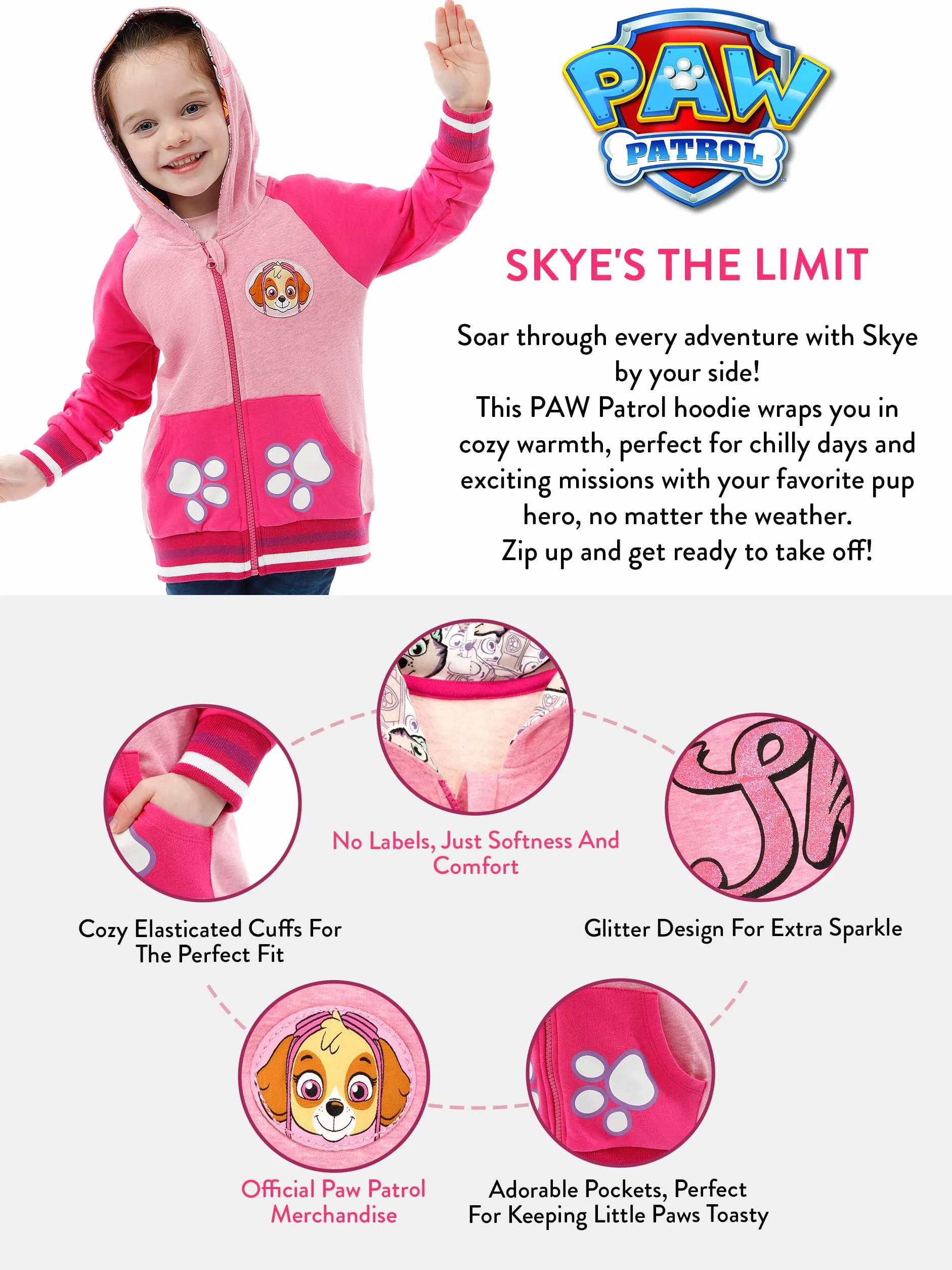 PAW PATROL Sweter dziewczęcy | Skye Zipper Hoodie | brokatowa bluza z kapturem dla dzieci