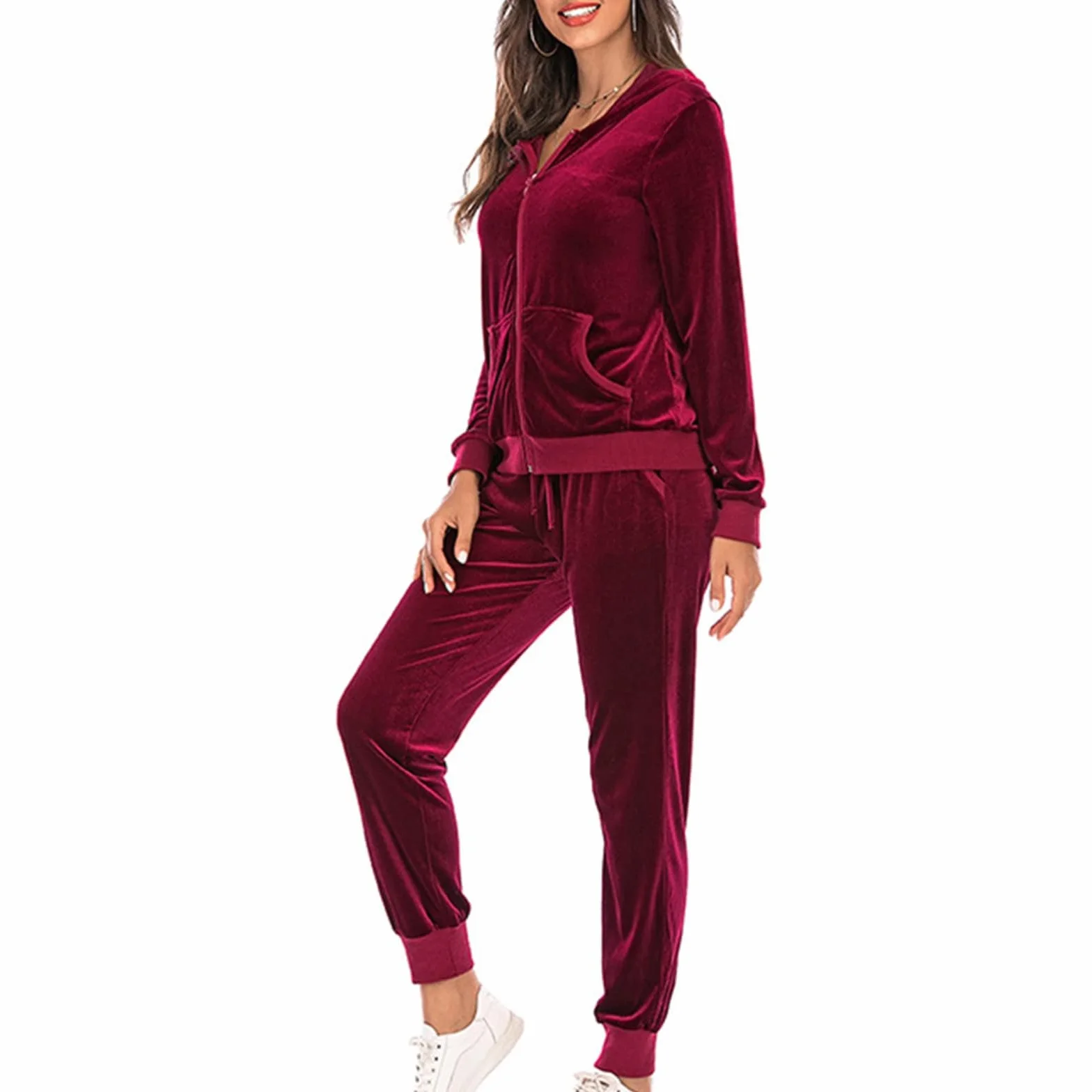 Generisch Damski dres do joggingu, 2-częściowy, złoty aksamit, zestaw do joggingu, sportowy dres fitness, dwuczęściowy strój rekreacyjny, jednokolorowy, elegancki dres sportowy z długim rękawem