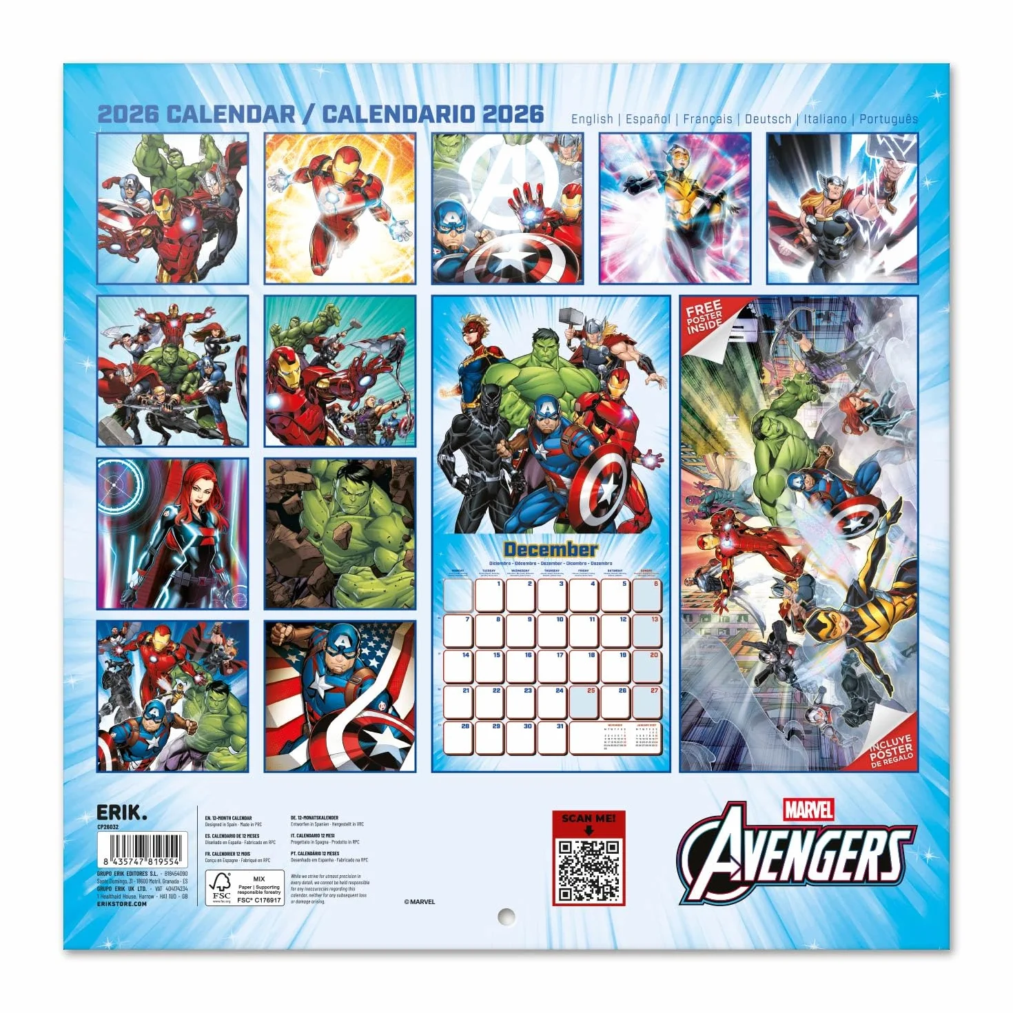 Grupo Erik Wall Calendar 2026 - Marvel Avengers Calendar 2026 | Square 30 x 30 cm - 12 x 12 inches Wall Planner, Family Planner Month To View | The Avengers Gifts, Marvel Gifts For Friends