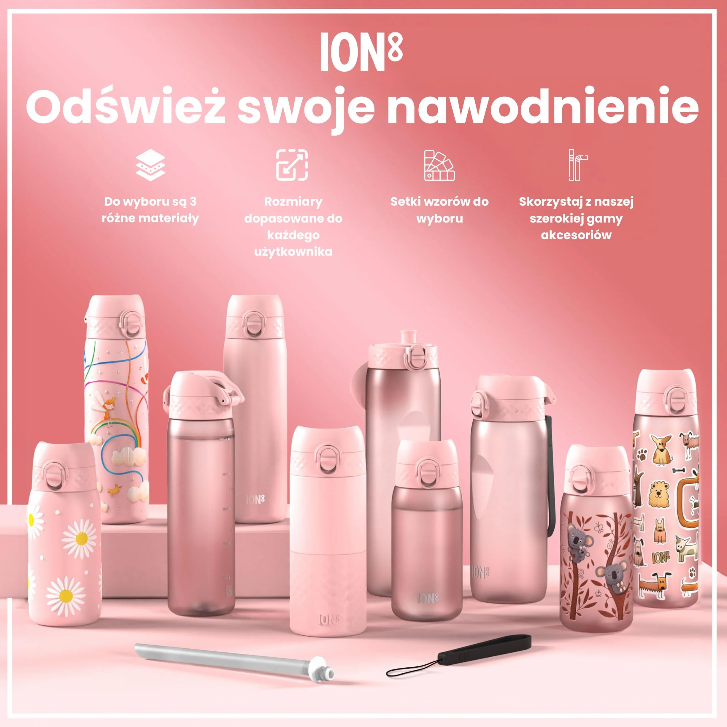 ION8 Butelka na Wodę, 500 ml/18 oz, Szczelna, Łatwe Otwieranie, Bezpieczny Zamek, Można Myć w Zmywarce, Bez BPA, Higieniczne Pokrycie, Uchwyt do Przenoszenia, Łatwa Czyszczenie, Bezwonny, Koale