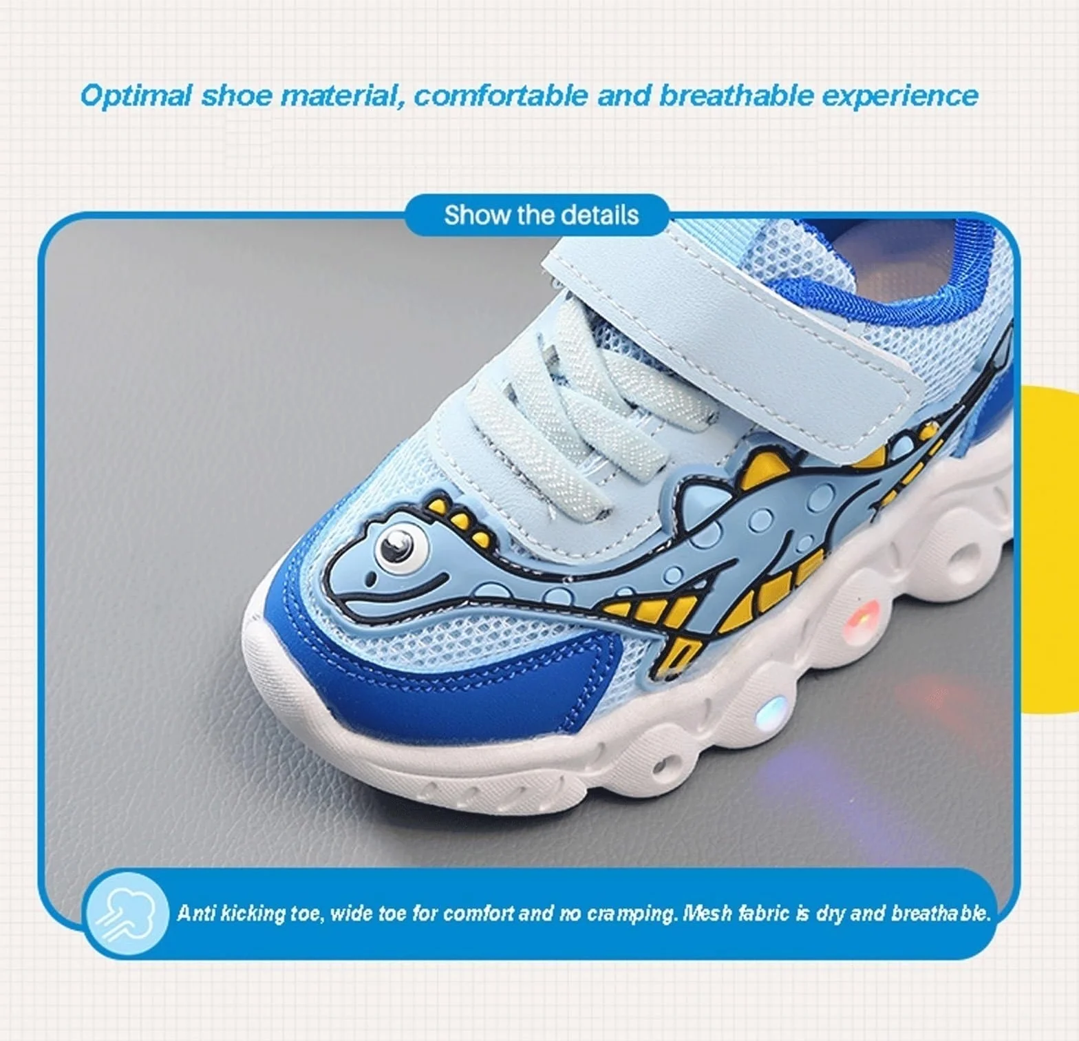Świecące Buty Sportowe LED, Unisex Dla Dzieci Cartoon Mały Dinozaur Flash Trenerzy Dla Chłopców I Dziewcząt Oddychająca Siateczka Antypoślizgowe Migające Świecące Modne Trampki Halowe Buty Sportowe (