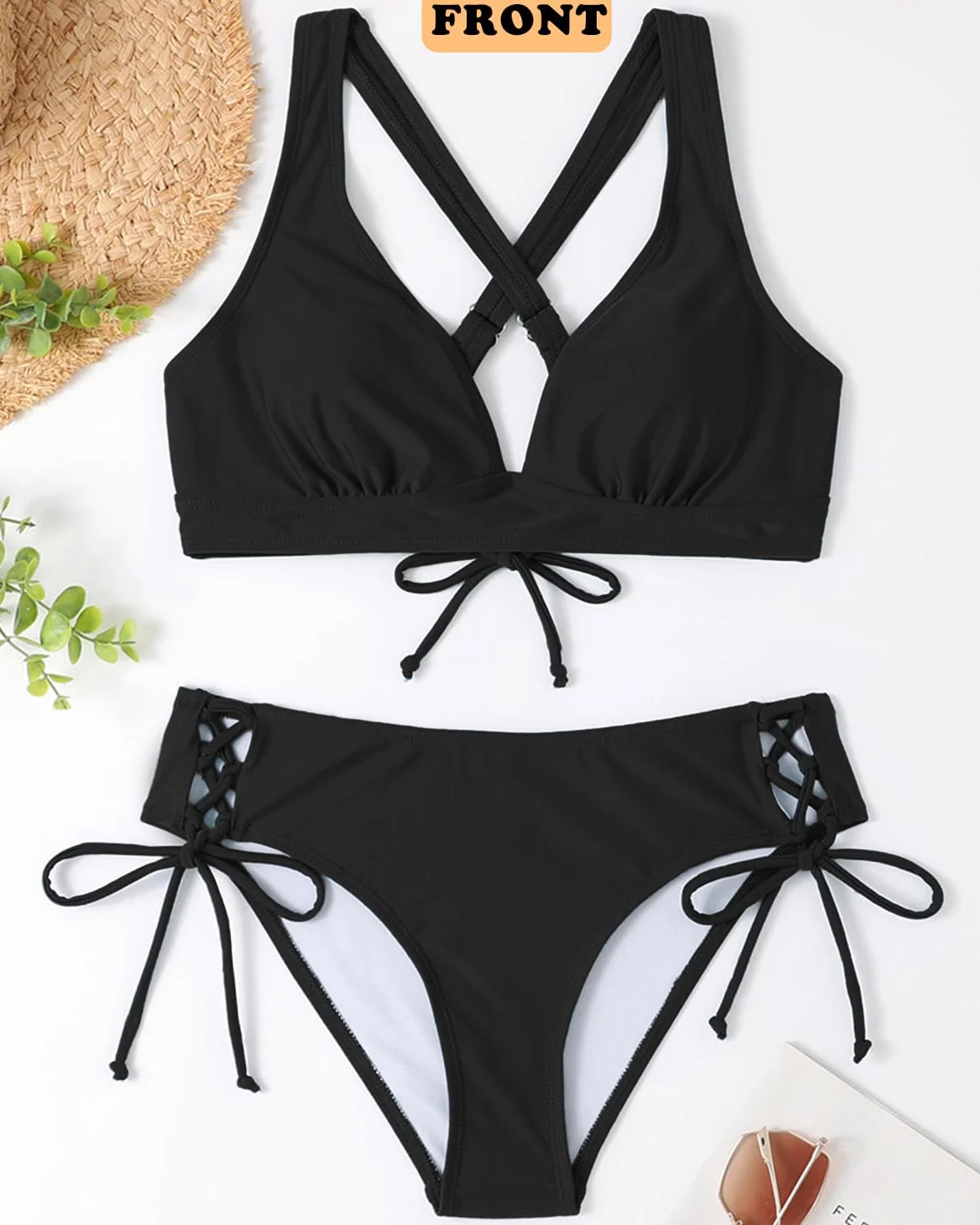HAWILAND Damskie bikini push up, średni stan, strój kąpielowy, skrzyżowane ramiączkach na plecach, strój kąpielowy ze ściągaczem, elegancki strój plażowy, dwuczęściowy strój kąpielowy