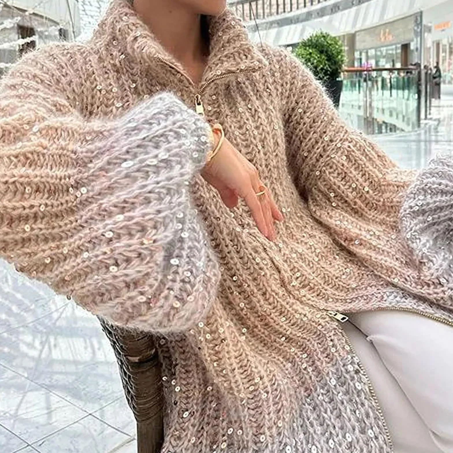 Modny sweter na co dzień dla kobiet dziewczyna moda damska cekinowy sweter odzież wierzchnia płaszcz brokat luźny długi kardigan bluza z kapturem dla mężczyzn sweter