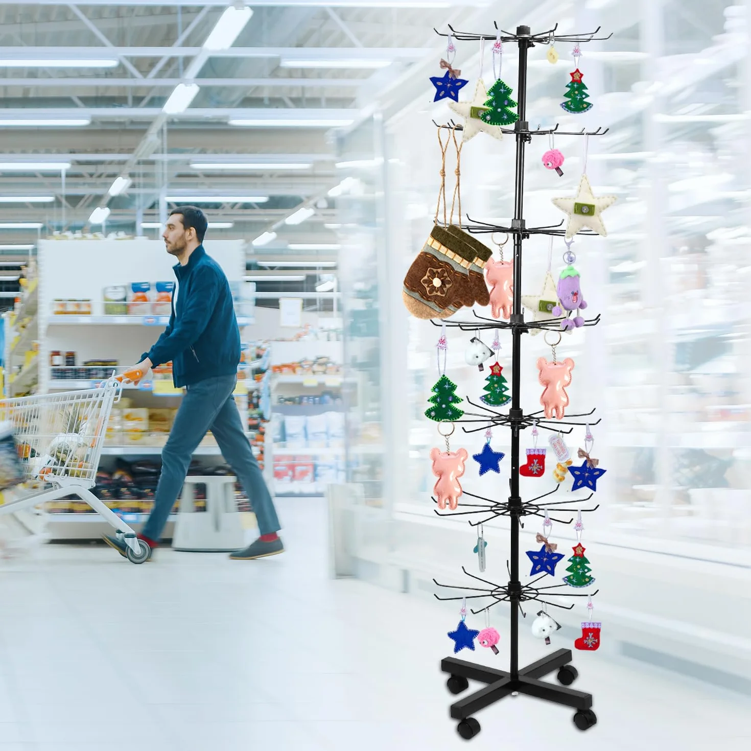 QWORK® 7-poziomowy metalowy obrotowy stojak ekspozycyjny na kapelusze, biżuterię, skarpety i jedwabne szale, z kółkami