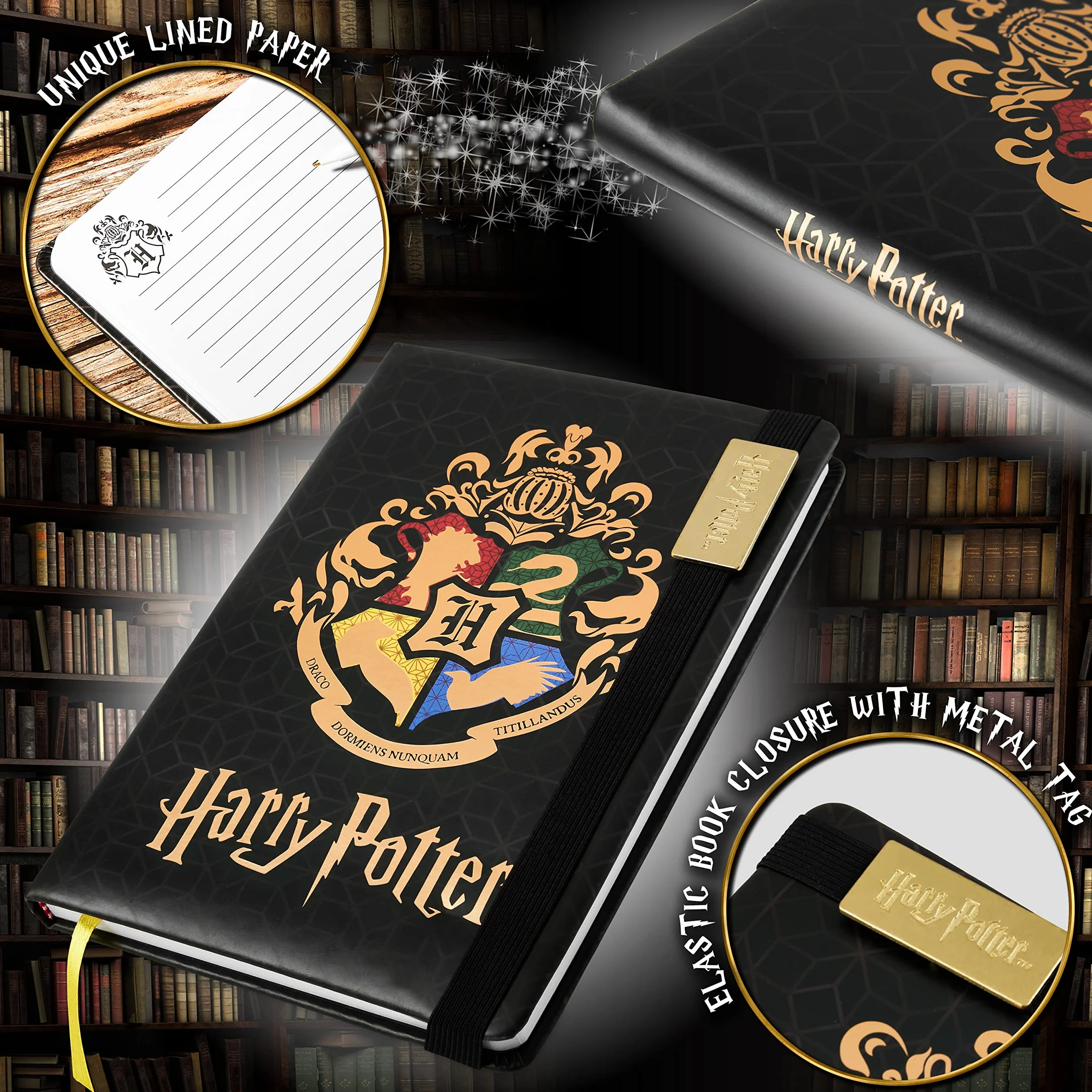 Harry Potter Notatnik A5 i Piórnik dla Dziewczynek i Chłopców z Długopisami, Przybory Szkolne dla Dzieci i Nastolatków (Czarny/Złoty)