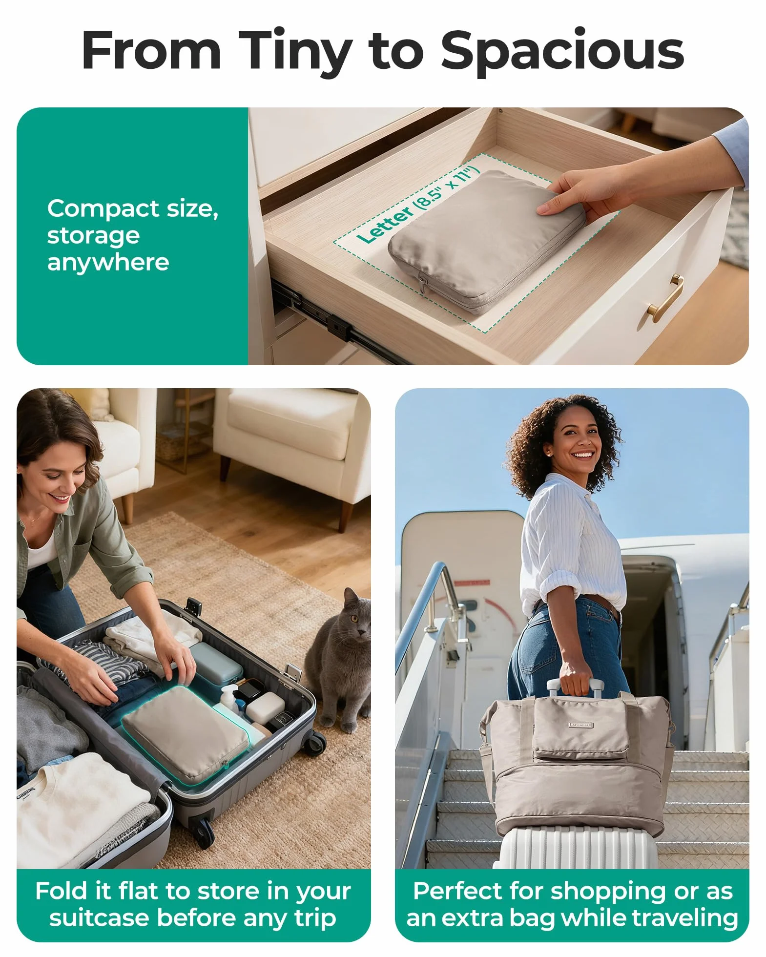 BAGSMART Składana torba podróżna, damska, 27 l (maksymalnie 40 litrów), torba sportowa, bagaż podręczny, wodoszczelna torba podróżna, torba treningowa, torba do uprawiania sportu i podróży, szary