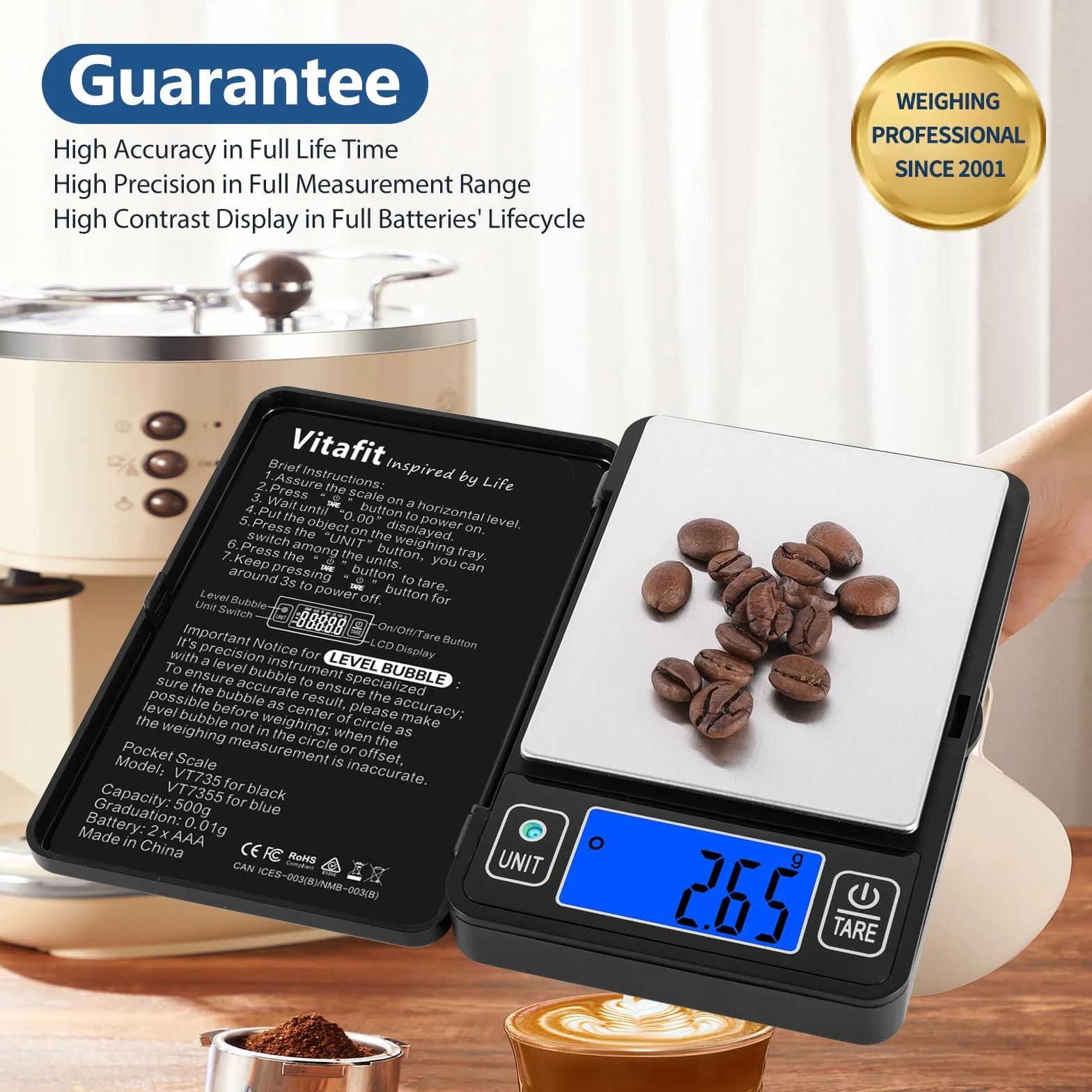 Vitafit 500 g cyfrowa waga kieszonkowa 0,01 g, wysoka dokładność dzięki wbudowanej poziomnicy, waga gramowa do wielu funkcji: kuchnia, żywność, biżuteria, laboratorium, kawa, czarna