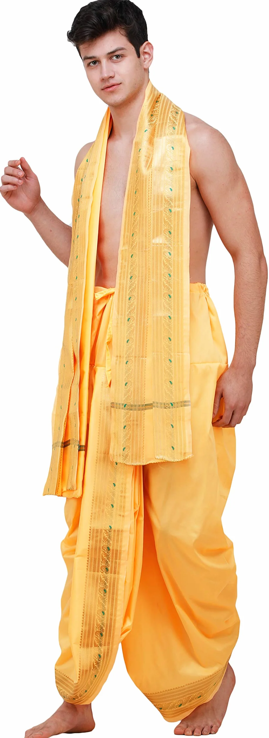 Exotic India Gotowy do noszenia zestaw Dhoti i Angavastram z tkaną złotą bordiurą Meenakari, Cyninia, Jeden rozmiar