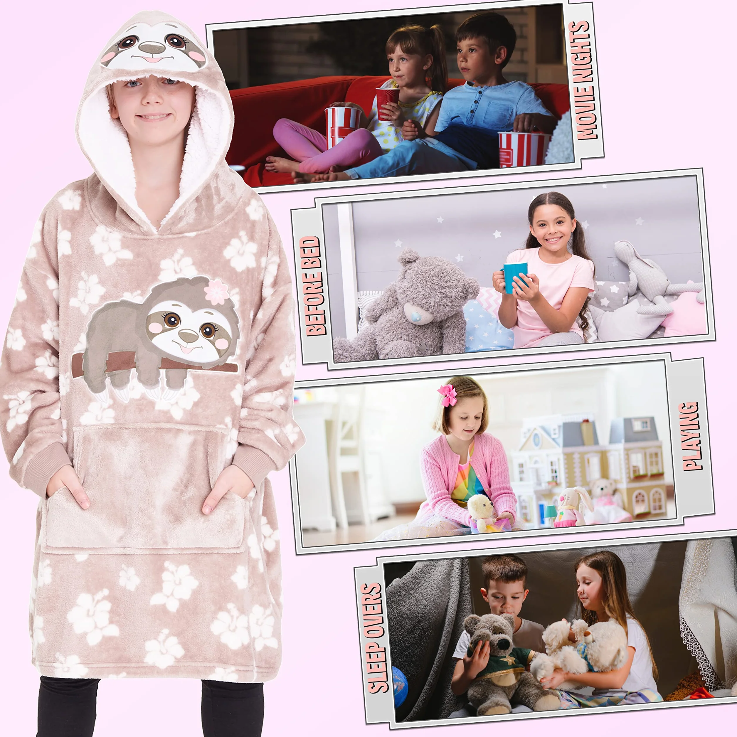 CityComfort Blanket bluza z kapturem, koc do zakładania z polaru, kamuflaż, leniwiec, jednorożec, bluza oversize, sweter dziewczęcy, (Beżowy leniwiec)