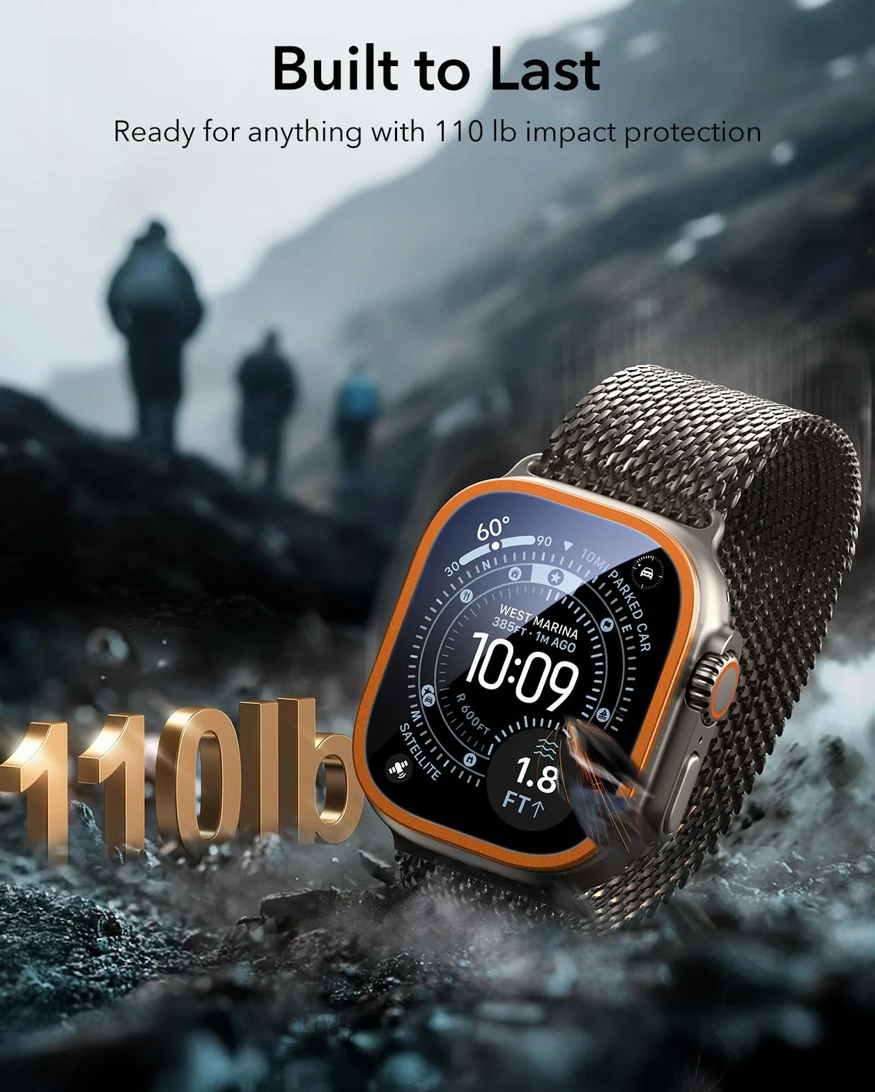 ESR Armorite Folia ochronna do zegarka Apple Watch Ultra 2/1 (2024/2023/2022, 49 mm), ochrona wyświetlacza z hartowanego szkła z aluminiową ramą, ochrona na całej powierzchni, pomarańczowa, 2 sztuki