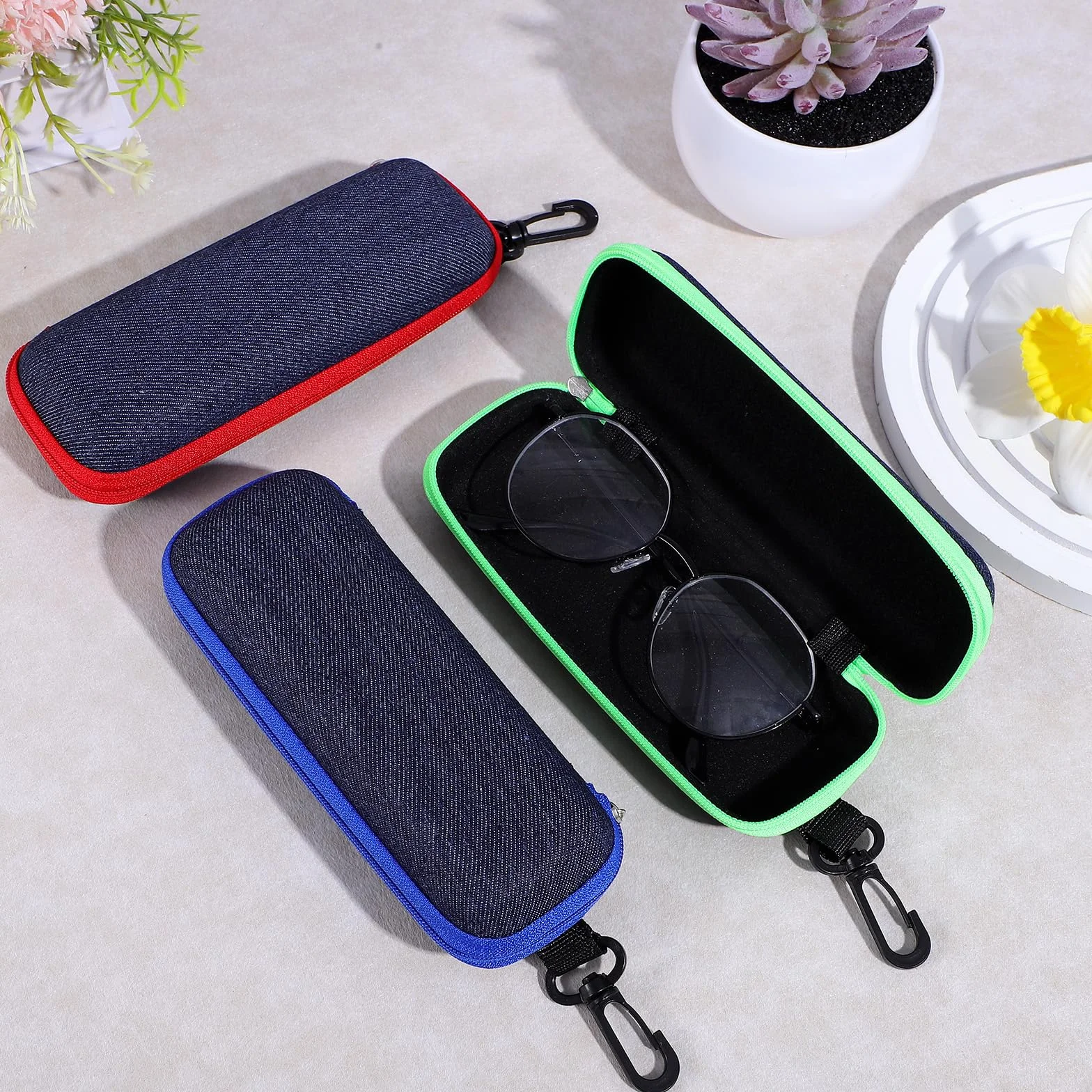 JJUNW 3 sztuki etui na okulary, twarde etui na okulary z materiału denimu, etui na okulary przeciwsłoneczne, etui podróżne, kieszeń na okulary, z zamkiem błyskawicznym, twarde etui na okulary