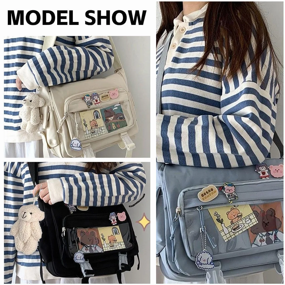 Kawaii Crossbody Ita torba damska z pinami i pluszowym misiem - japońska torba kurierska Y2K torba na ramię
