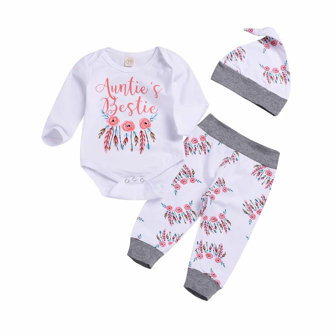 Baby Girl Ubrania Ciocia Bestie Romper Top + spodnie kwiatowe + czapka 3-częściowy zestaw ubrań dla niemowląt