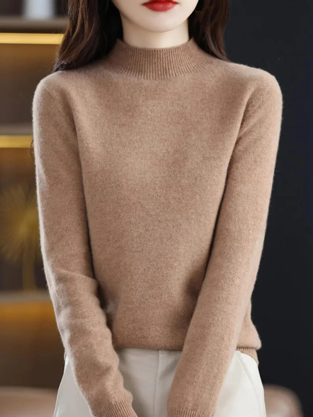 Jesień Zima Damski Podstawowy Sweter Mock Neck Sweter Wełna Merino Długi Rękaw Solidny Kaszmir Dzianinowe Ubrania