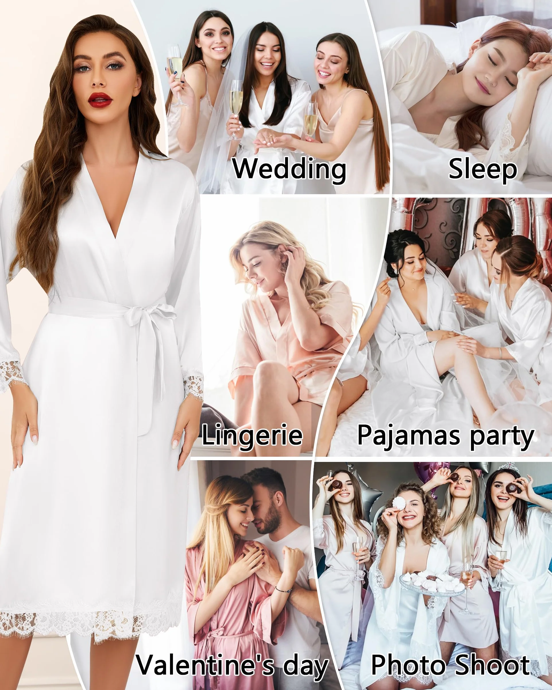 Lovasy Satynowy szlafrok damski, długi kimono, japoński szlafrok poranny dla kobiet, mankiety, z koronką, dla panny młodej, szlafrok kąpielowy, wesele, impreza, z paskiem