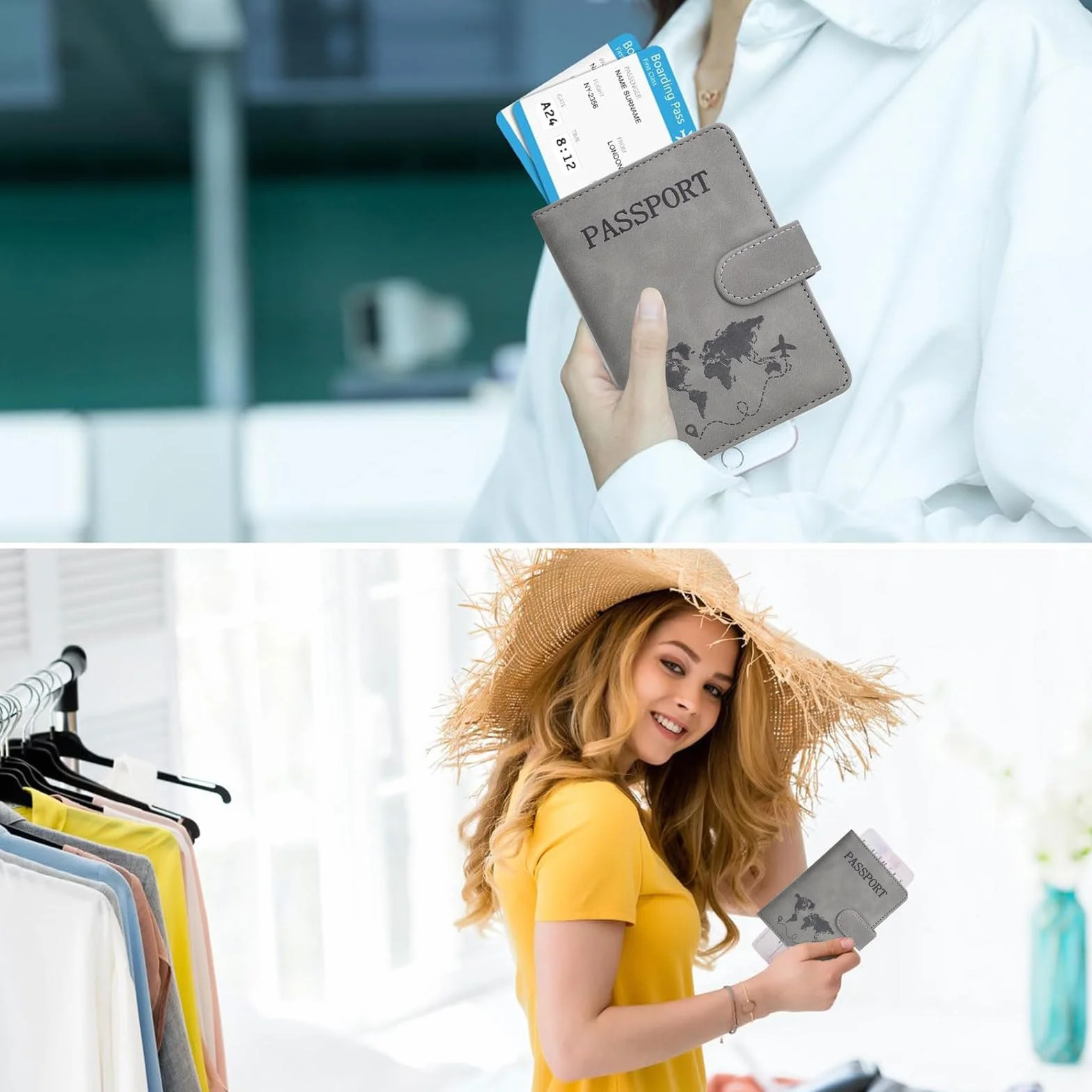 Etui na paszport, etui na paszport z blokadą RFID, etui ochronne ze sztucznej skóry, etui na paszport dla kobiet/mężczyzn, na paszport, kartę pokładową, kartę SIM, dowód osobisty, kartę