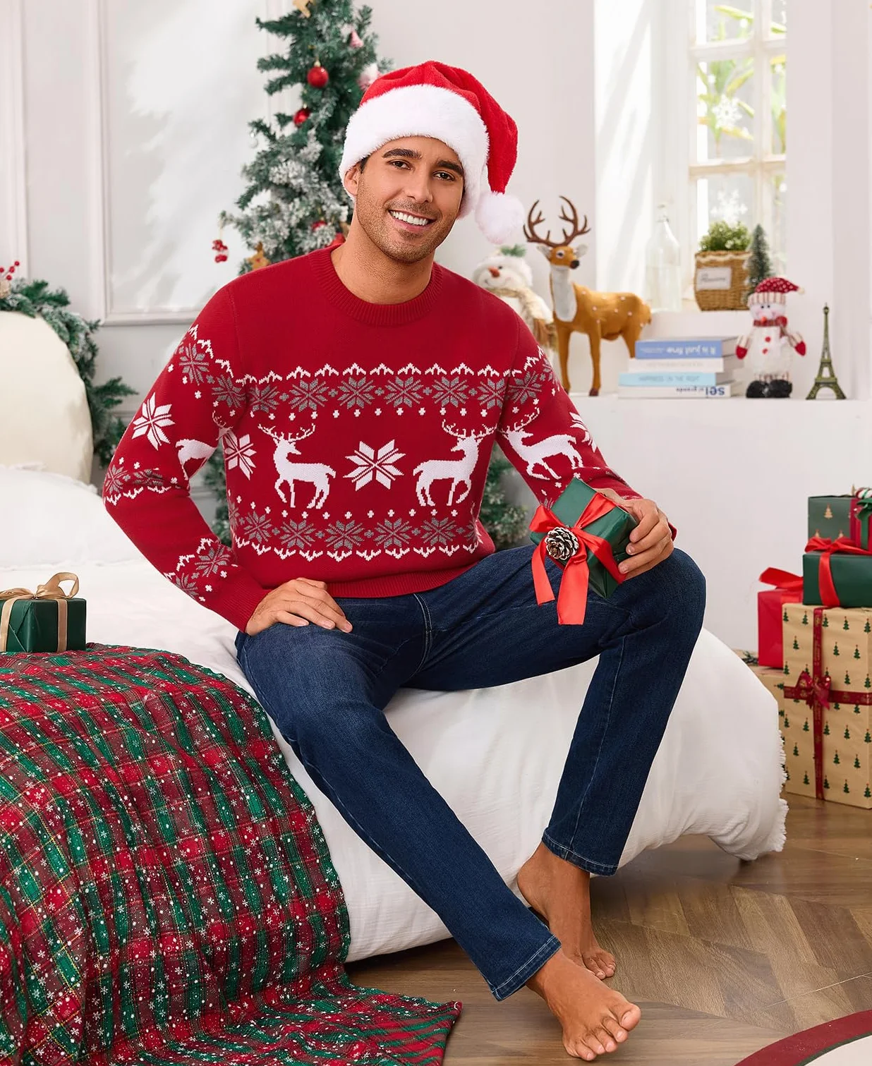 Męski świąteczny sweter zimowy sweter na Boże Narodzenie sweter z dzianiny okrągły dekolt renifer płatek śniegu dzianina S-XXL