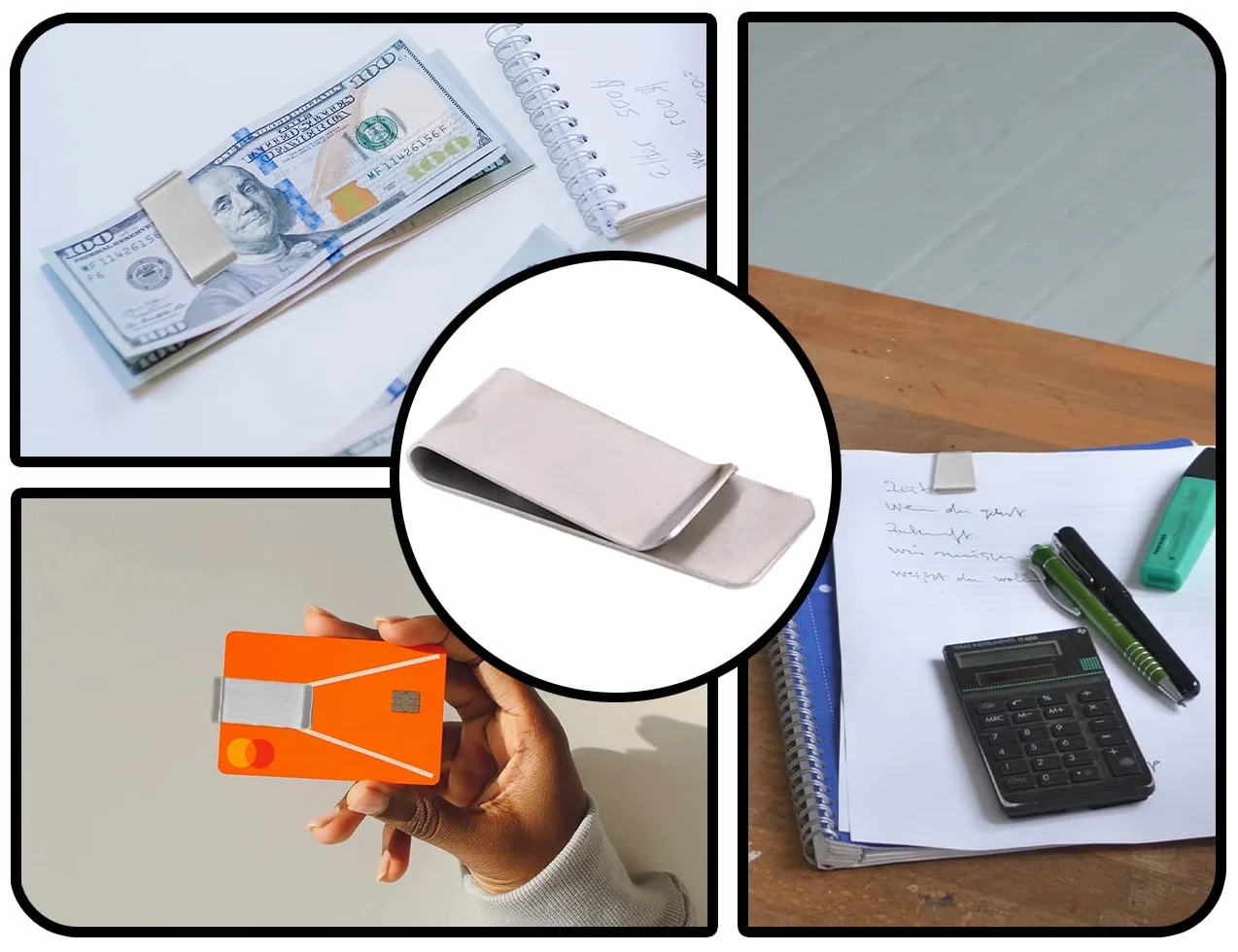 KAPSING 4 sztuki klipsów do banknotów ze stali nierdzewnej, do wizytówek, kart kredytowych, Kolor stal szlachetna, Minimalistyczny