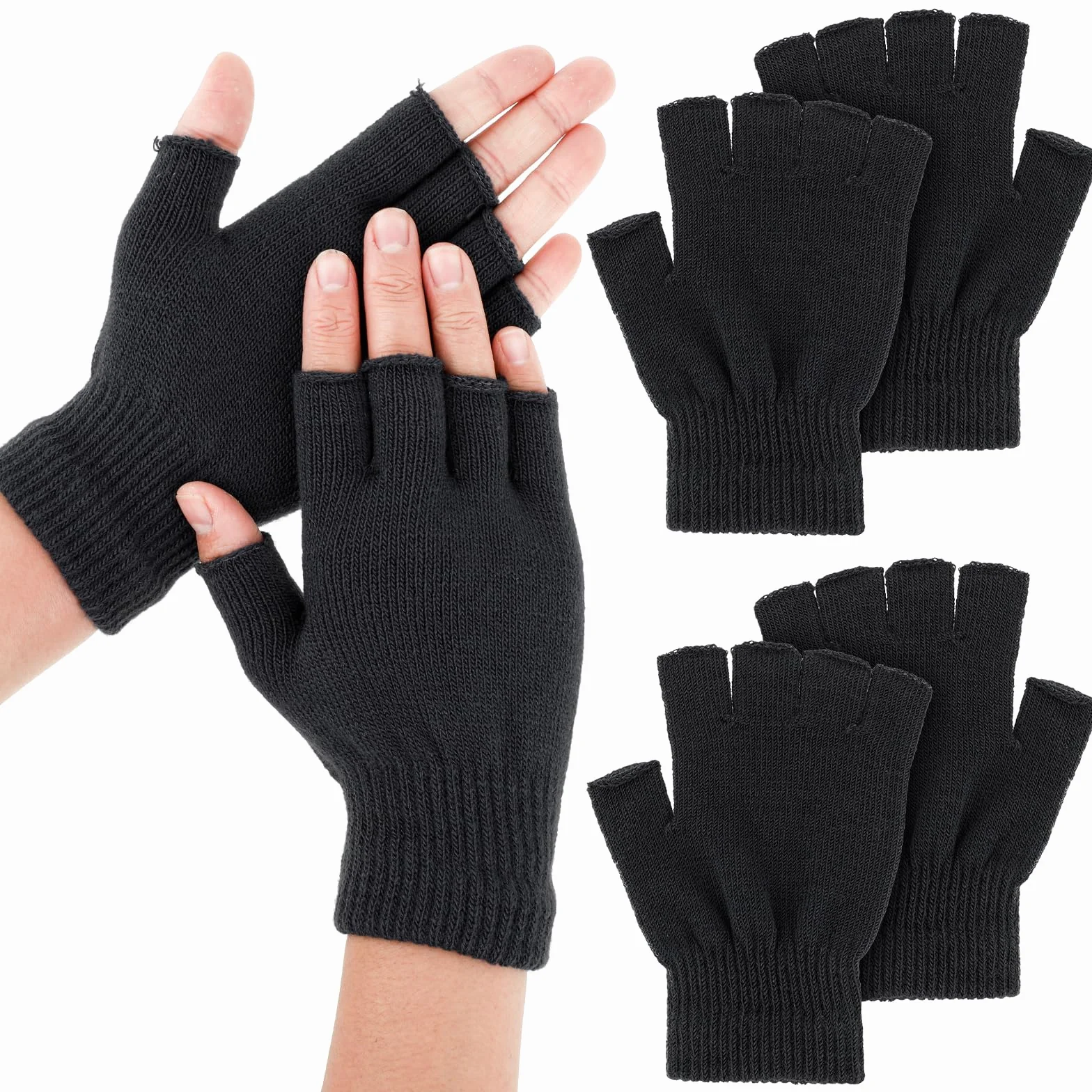 WLLHYF Rękawiczki unisex z półpalcami, 2 pary, zimowe, rozciągliwe, dzianinowe, półpalce, rękawiczki do ekranów dotykowych, rękawiczki bez palców, dla mężczyzn i kobiet, Czarny, 15.5cm long and 11cm