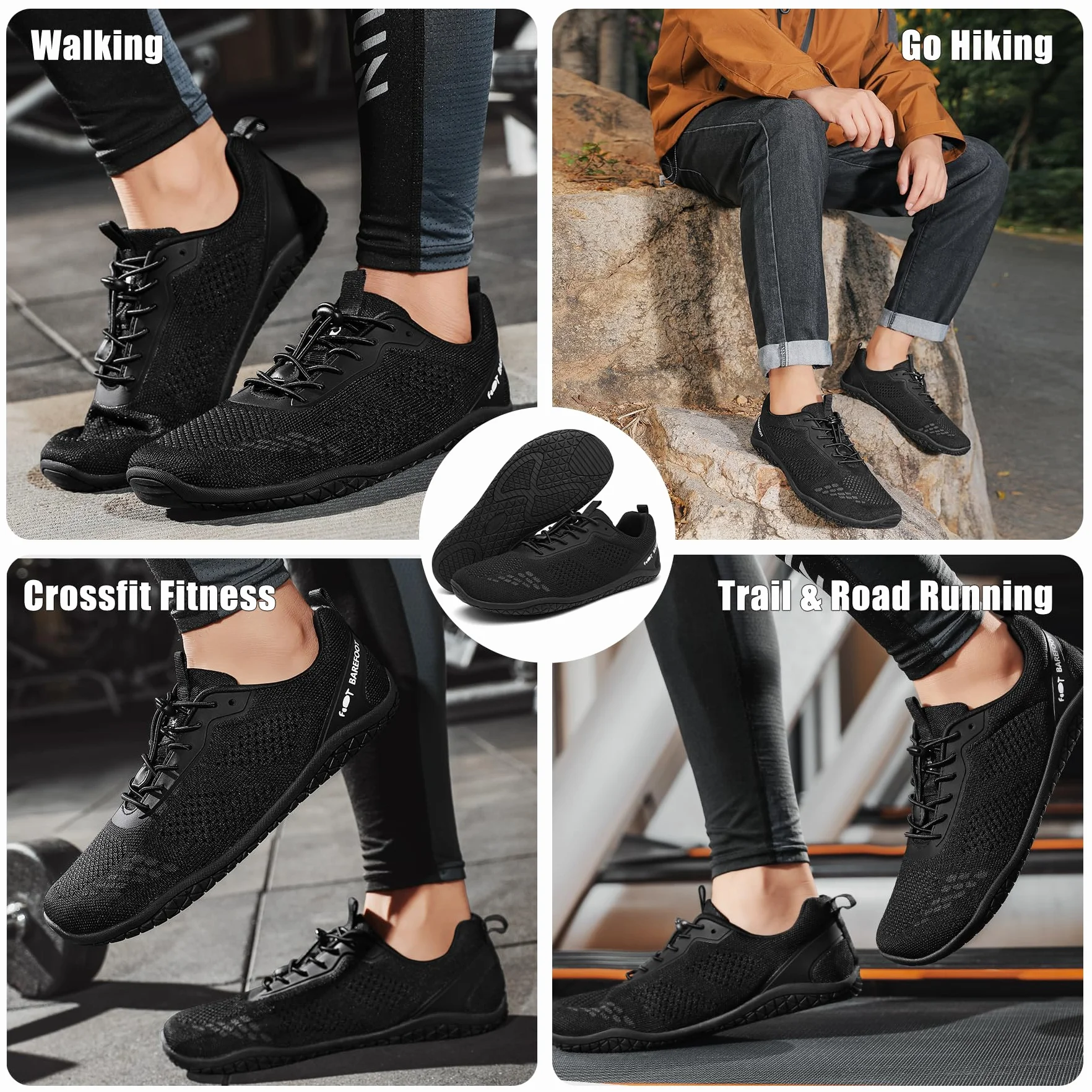 Geweo Buty Barefoot Męskie i Damskie Lekkie Wygodne Buty Sportowe Treningow z Szeroką Skrzynią na Palce Oddychające Buty do Biegania, do CrossFit i Fitness, Świeżym Powietrzu Sport Unisex Czarny 43EU