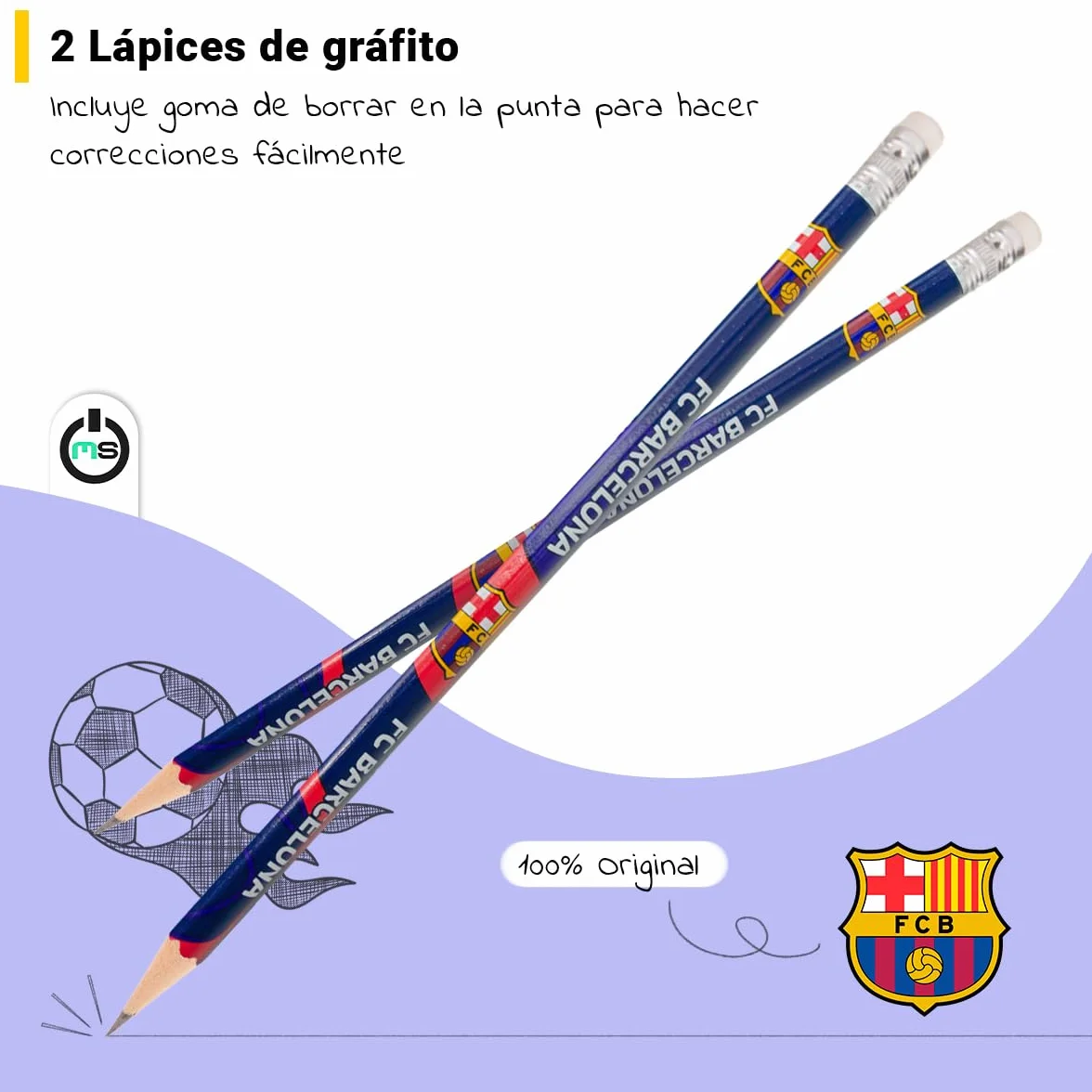 Zestaw artykułów piśmienniczych FC Barcelona zawiera 2 ołówki, 1 temperówkę, 2 gumki do ścierania z tarczą Barça Materiały szkolne | Oficjalny produkt