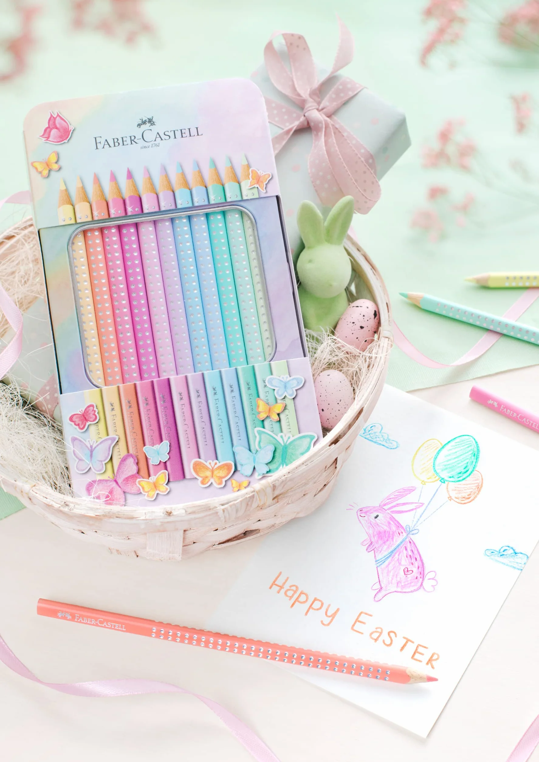 FABER-CASTELL 201910 – zestaw kredek Sparkle Pastel, 12 sztuk, w metalowym etui, trójkątne, odporne na złamania