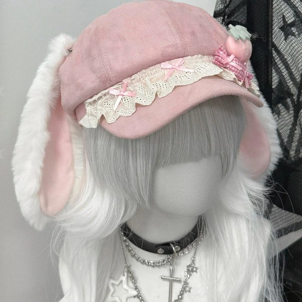 Uroczy królik ucho beret kapelusz kobiety zimowy beret gazeciarz czapka słodka czapka beanie malarz kapelusze kawaii francuski styl artysta czapka