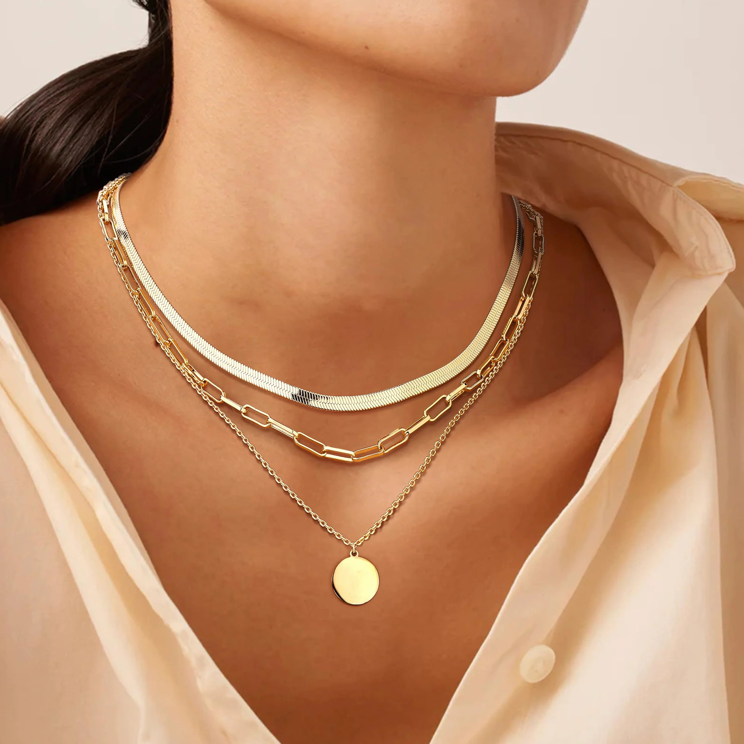 Adramata 3 szt. Naszyjnik damski ze stali nierdzewnej, pozłacany łańcuszek 14 K, regulowany naszyjnik choker do układania w stos, naszyjniki krzyżowe, sztuka, serce, naszyjniki damskie, złoty, srebrny