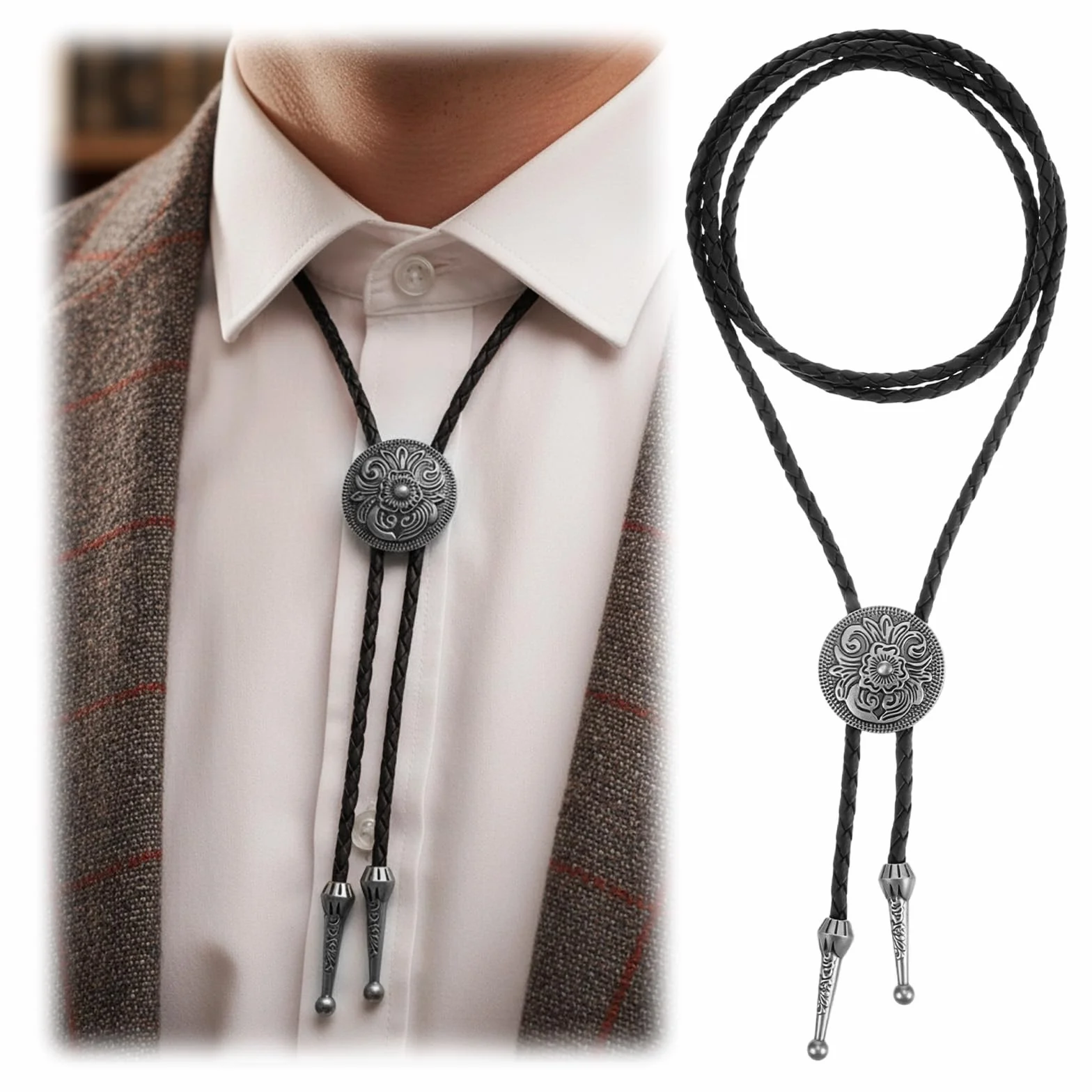 2 sztuki krawatów bolo dla mężczyzn, 50 cm, western, kowbojski łańcuszek na szyję z czarnym wisiorkiem Lariat rodeo, do kostiumów kowbojskich, strojów westernowych, kowbojów, koszulek