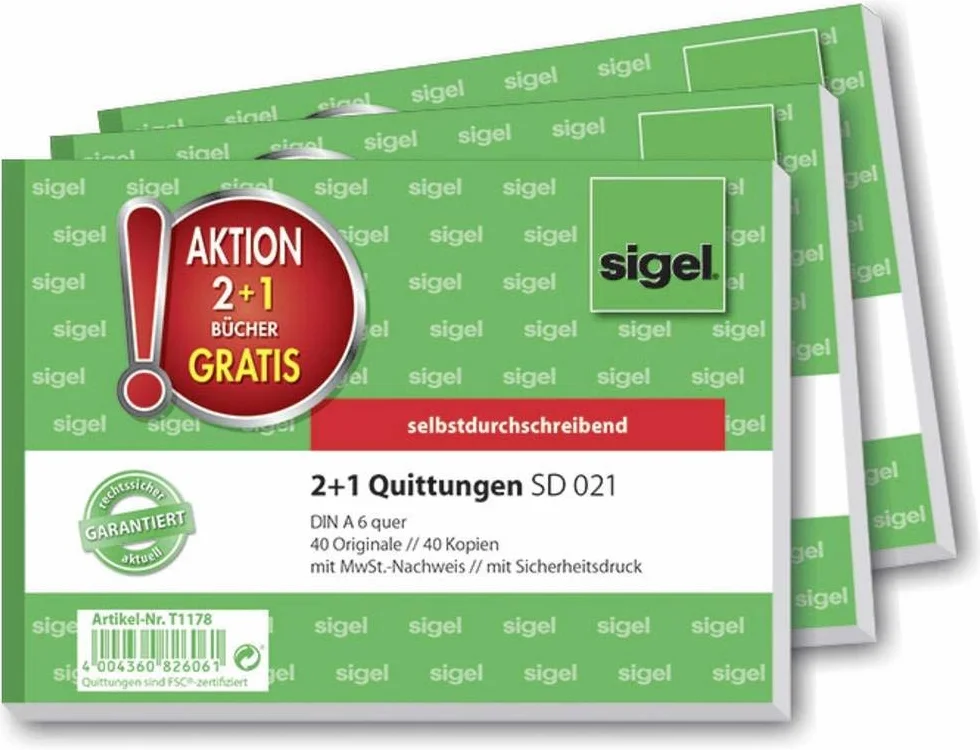 Sigel T1178 blok pokwitowania, jak SD021: A6 poziomy, 2 x 40 arkuszy, samokopiujący, 3 sztuki w opakowaniu