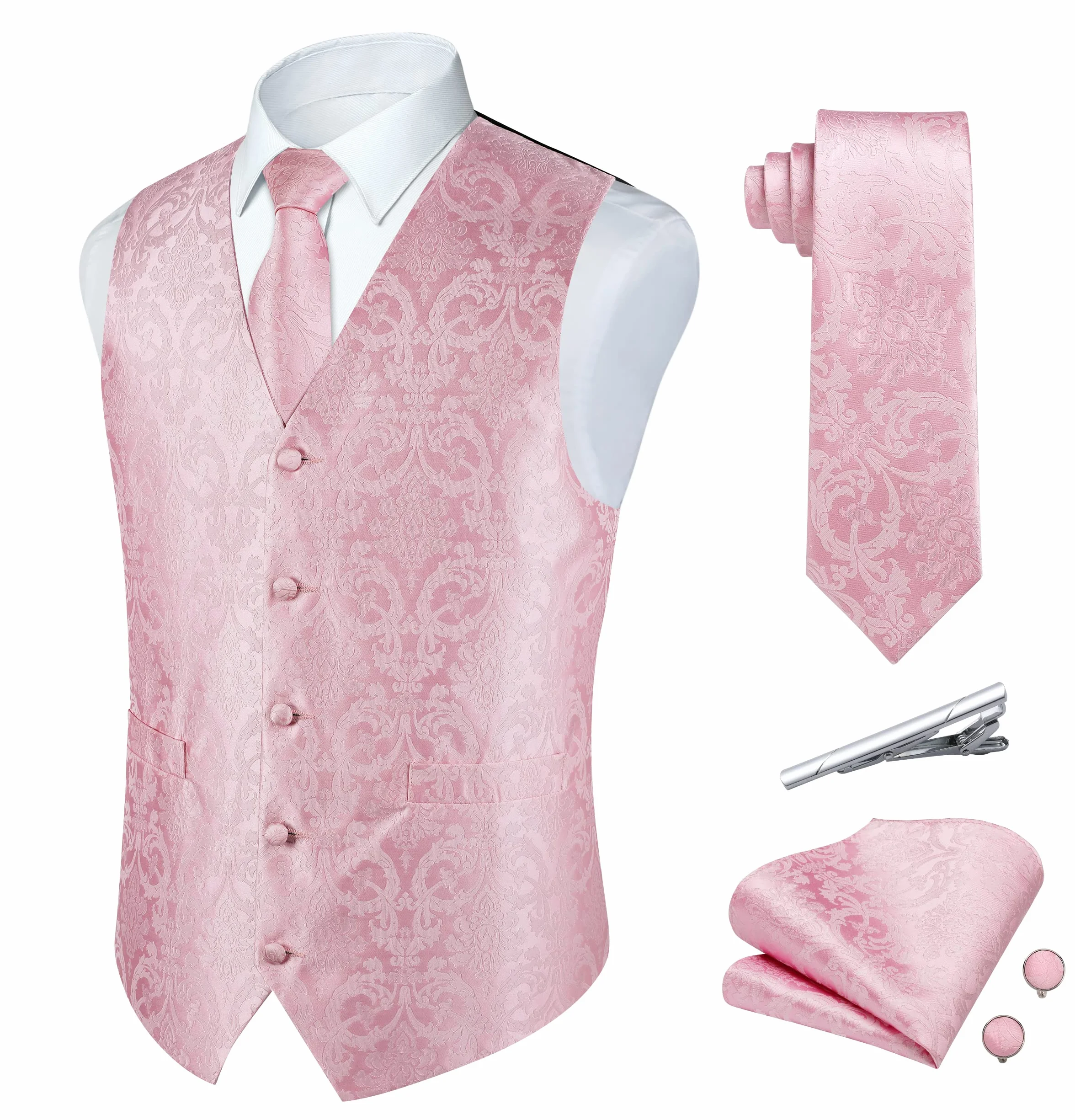 Męska kamizelka Paisley Floral żakardowa, jedwabny krawat, poszetka, zestaw z spinkami do mankietów i spinkami do krawata, zestaw na wesele, do garnituru, kamizelki