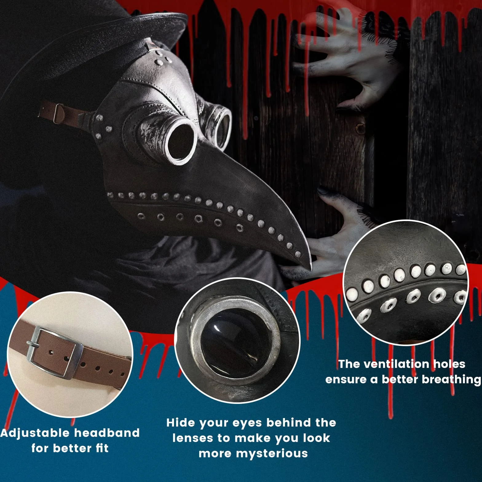 Maska z dziobem na Halloween, średniowieczny lekarz, długi nos, ptasi dziób, karnawał, horror, steampunk, maska na plagę