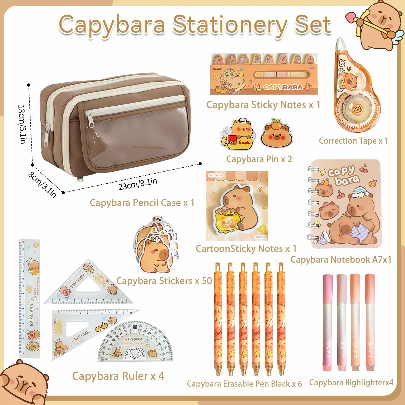 Capybara piórnik z akcesoriami dla dzieci, 20 sztuk, zestaw przyborów piśmienniczych z naklejkami, Capybara, notatnik, linijki i długopisy Capybara, słodki zestaw przyborów szkolnych Capybara