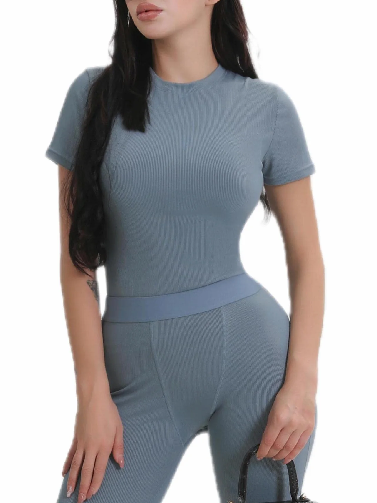 AYWA Two Piece Outfits for Women Fitted Crew Neck T-shirt High Waist Leggings Biker Shorts Matching Sets Streetwear (Blue Grey-shorts, Medium)