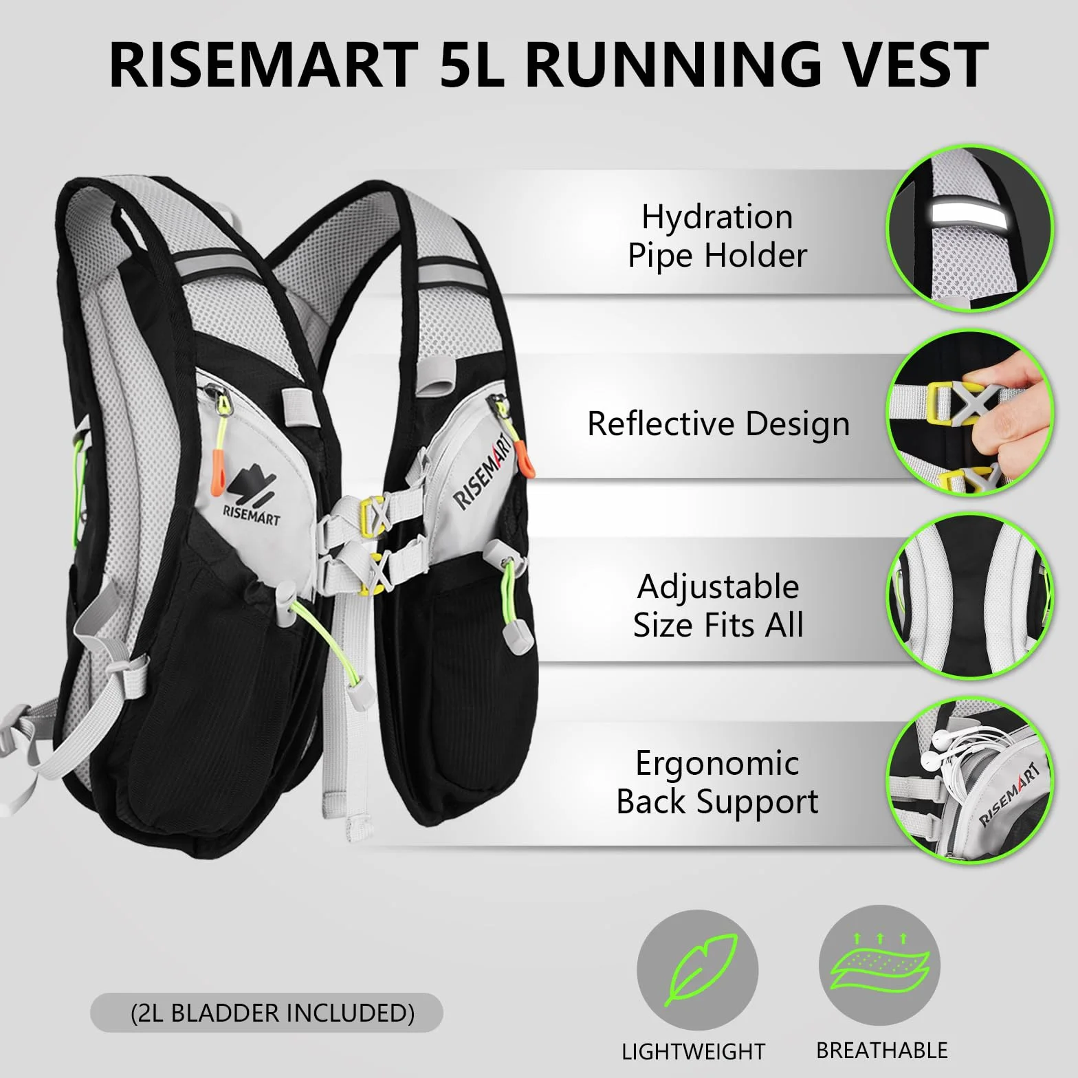 RISEMART Kamizelka do Biegania dla Kobiet i Mężczyzn, Odblaskowy Plecak z Regulowanymi Pasami Piersiowymi, Ultralekki Plecak do Biegania na Maraton, Jogging, Jazdę na Rowerze, Kemping, Wędrówki