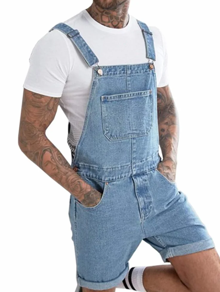 Runcati Męskie spodnie ogrodniczki, bawełniane, dżinsowe, krótkie spodnie robocze, luźny krój, męski denim kombinezon z kieszeniami