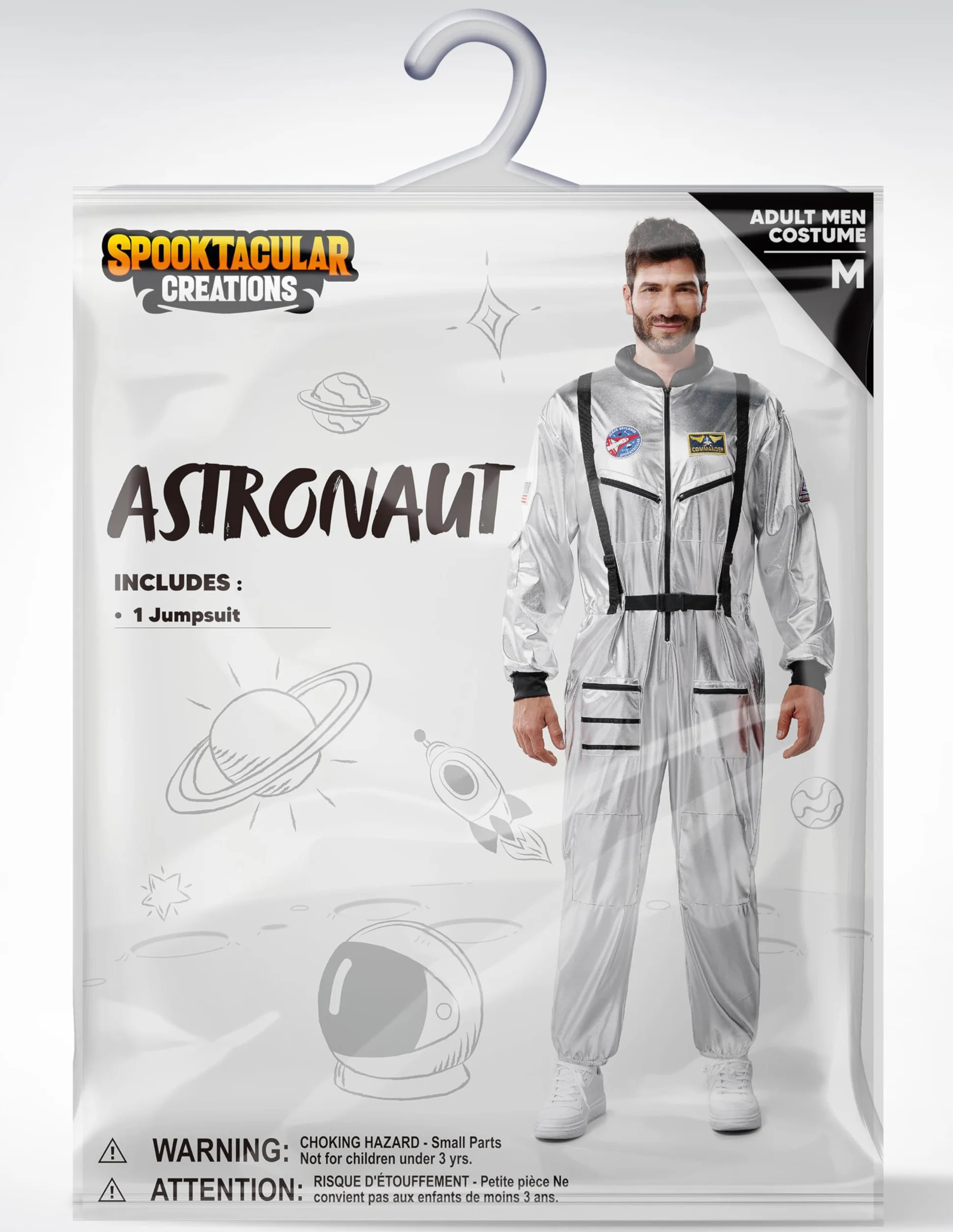 Spooktacular Creations Kostium astronauty na Halloween, męski, srebrny kombinezon kosmiczny, kombinezon pilota, strój na imprezy cosplay