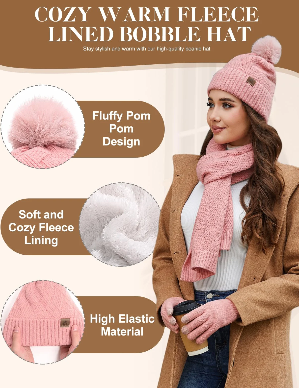 Voqeen Damski szalik czapka zestaw rękawiczek zimowych, ciepły, miękki szal z dzianiny, długi, gruby polar, czapka beanie, czapka z pomponem, ekran dotykowy, zestaw upominkowy dla kobiet 3 w 1