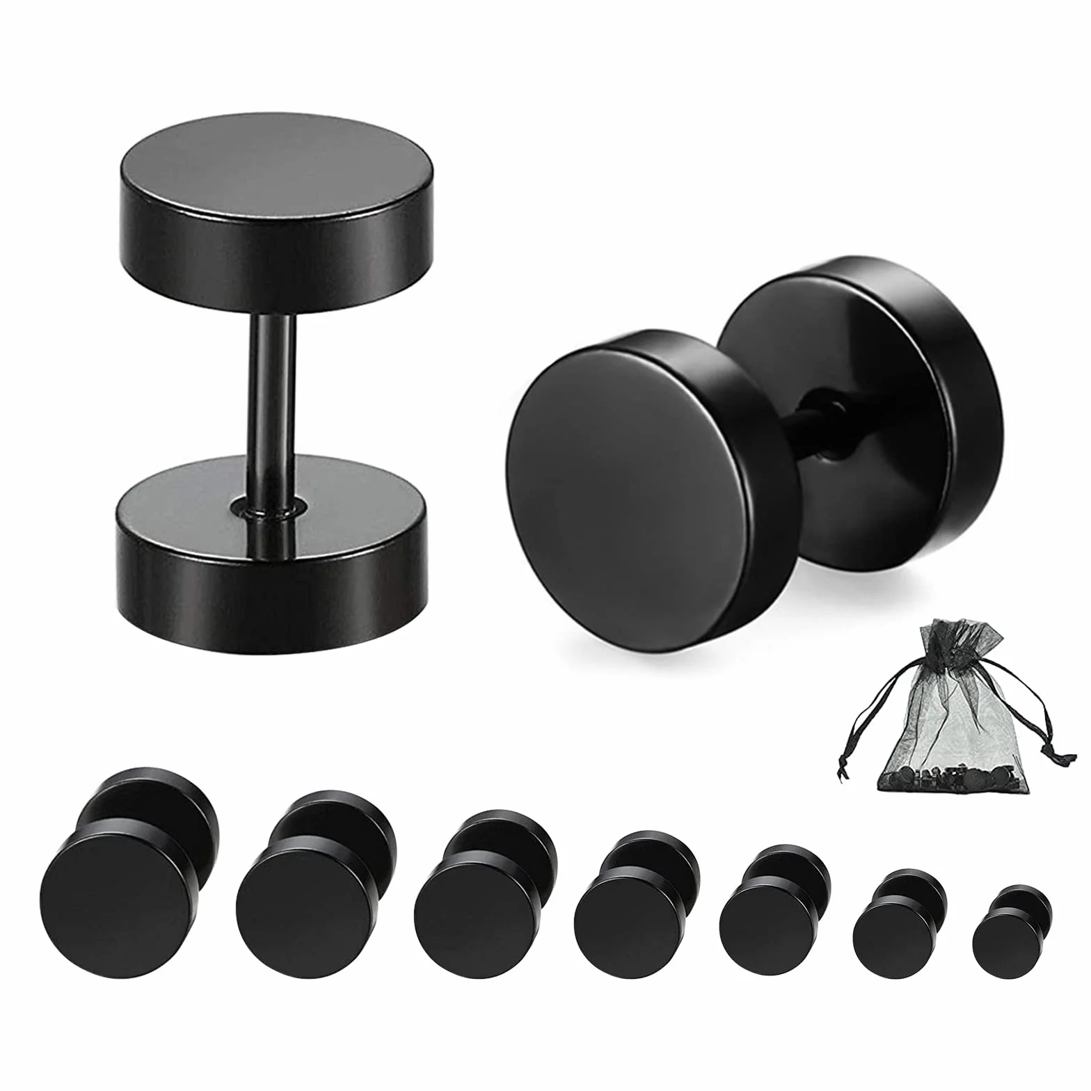 Kolczyki ze stali nierdzewnej czarne – 7 par okrągłych kolczyków wkręcanych Barbell dla mężczyzn i kobiet – 4 mm–10 mm płaskie