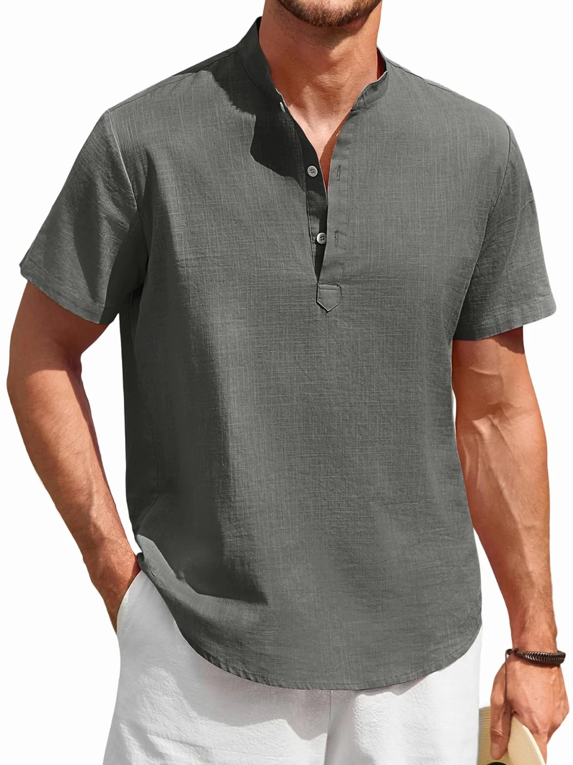 Lniana koszula męska z krótkim rękawem na lato, koszula casual ze stójką (kołnierzem Mao) w stylu ibicenskim, zapinana na guziki, jednokolorowa odzież S-4XL