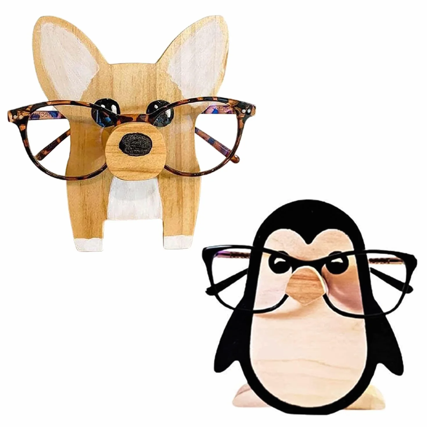 1 x okulary Corgi E 1 x ramka do okularów pingwina, kreatywne oprawki do okularów dla zwierząt, dekoracja pulpitu, Kolor drewna
