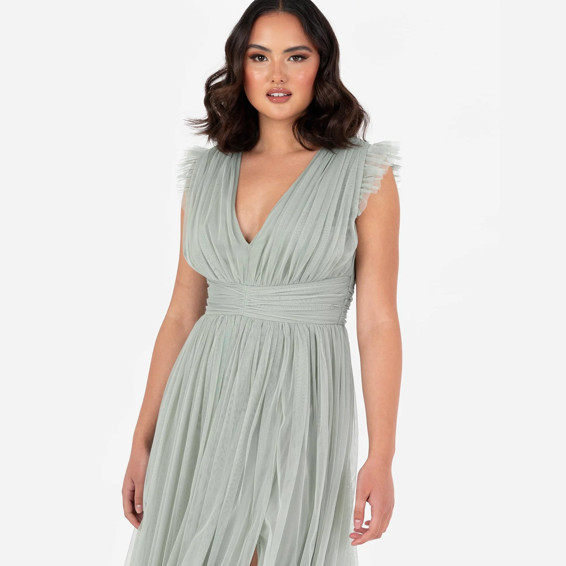 Anaya with Love Damska sukienka maxi damska z dekoltem w serek krótki rękaw split tiul linia A dla gości weselnych wieczór panieński okazja Ball Gown Kobiety, Mrożona zieleń, 52