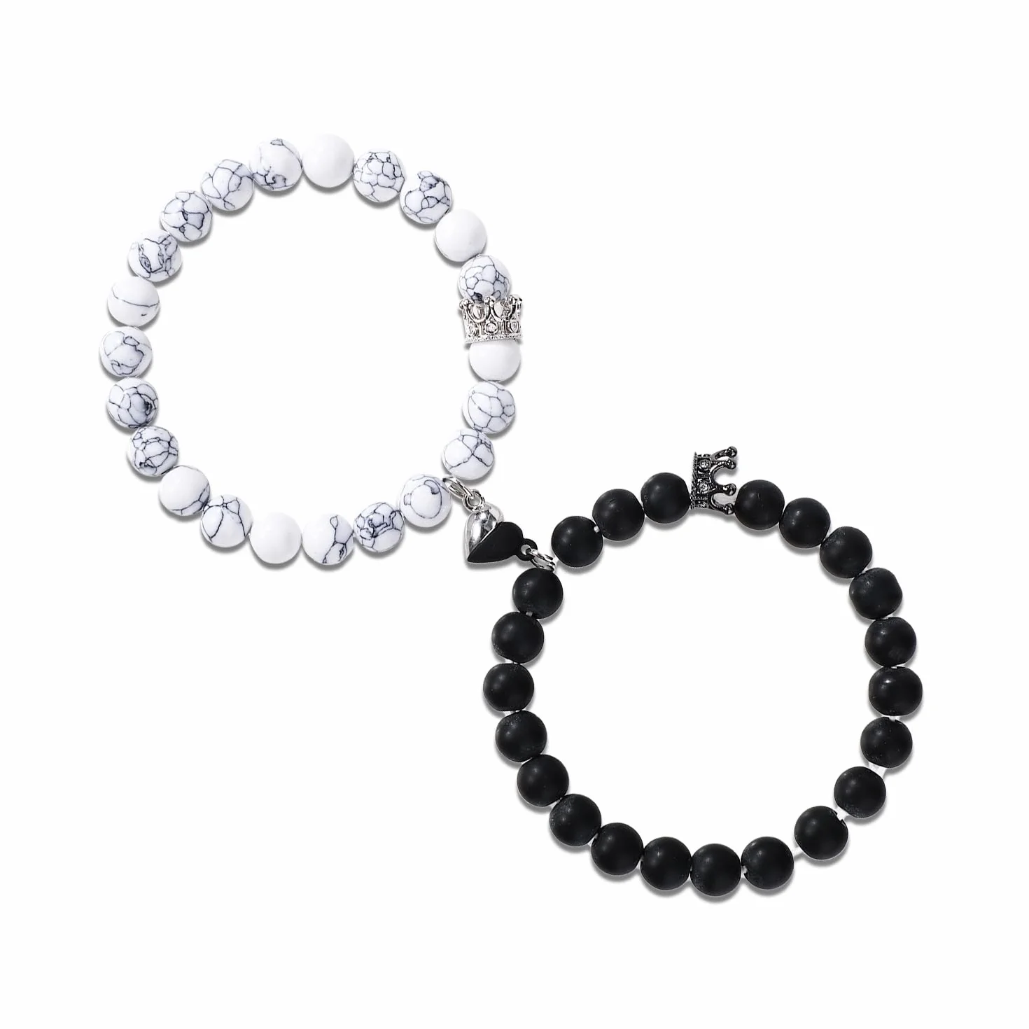 2szt Magnetyczne Bransoletki dla Par, Love Heart Pasujące Bransoletki King & Queen Crown Biżuteria dla Niego i dla Niej Prezenty na Odległość dla Chłopaka Dziewczyny Rocznica Walentynki