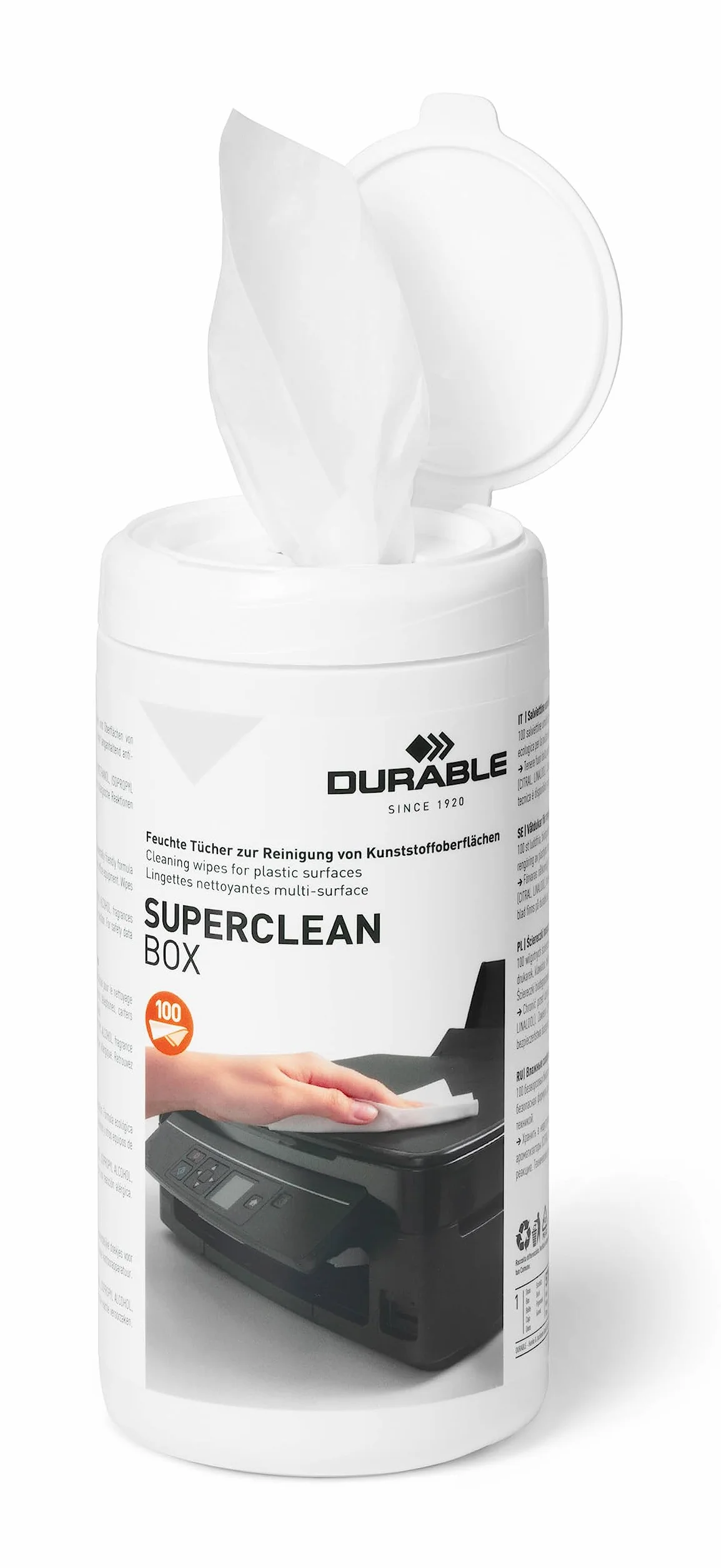 Durable 570802 Ściereczki do plastiku Superclean Box, 100 sztuk w pojemniku.