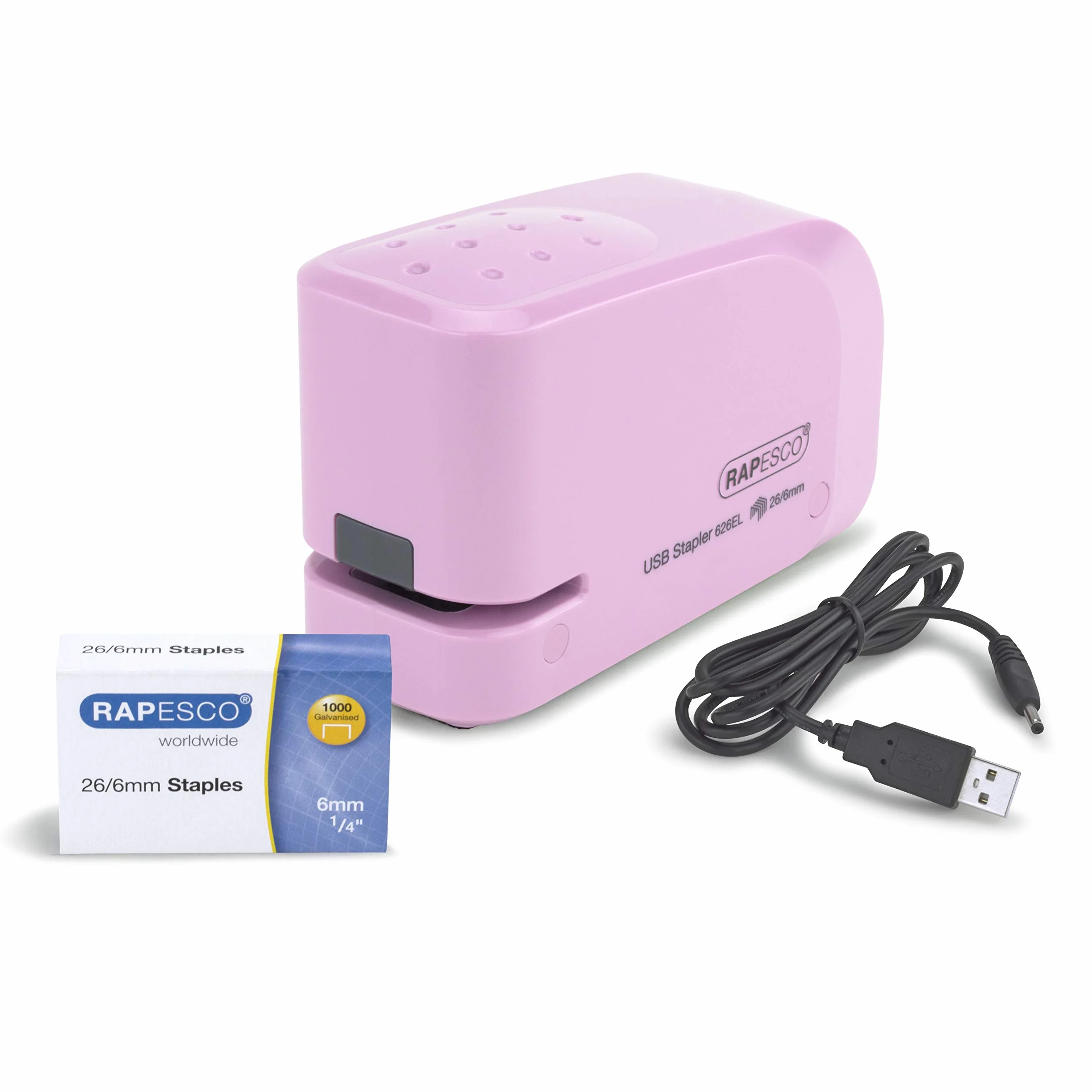 Rapesco 1451 626EL Automatyczny zszywacz USB/akumulatora ze 1000 zszywkami 26/6 mm, pojemność 15 arkuszy, cukierkowy różowy