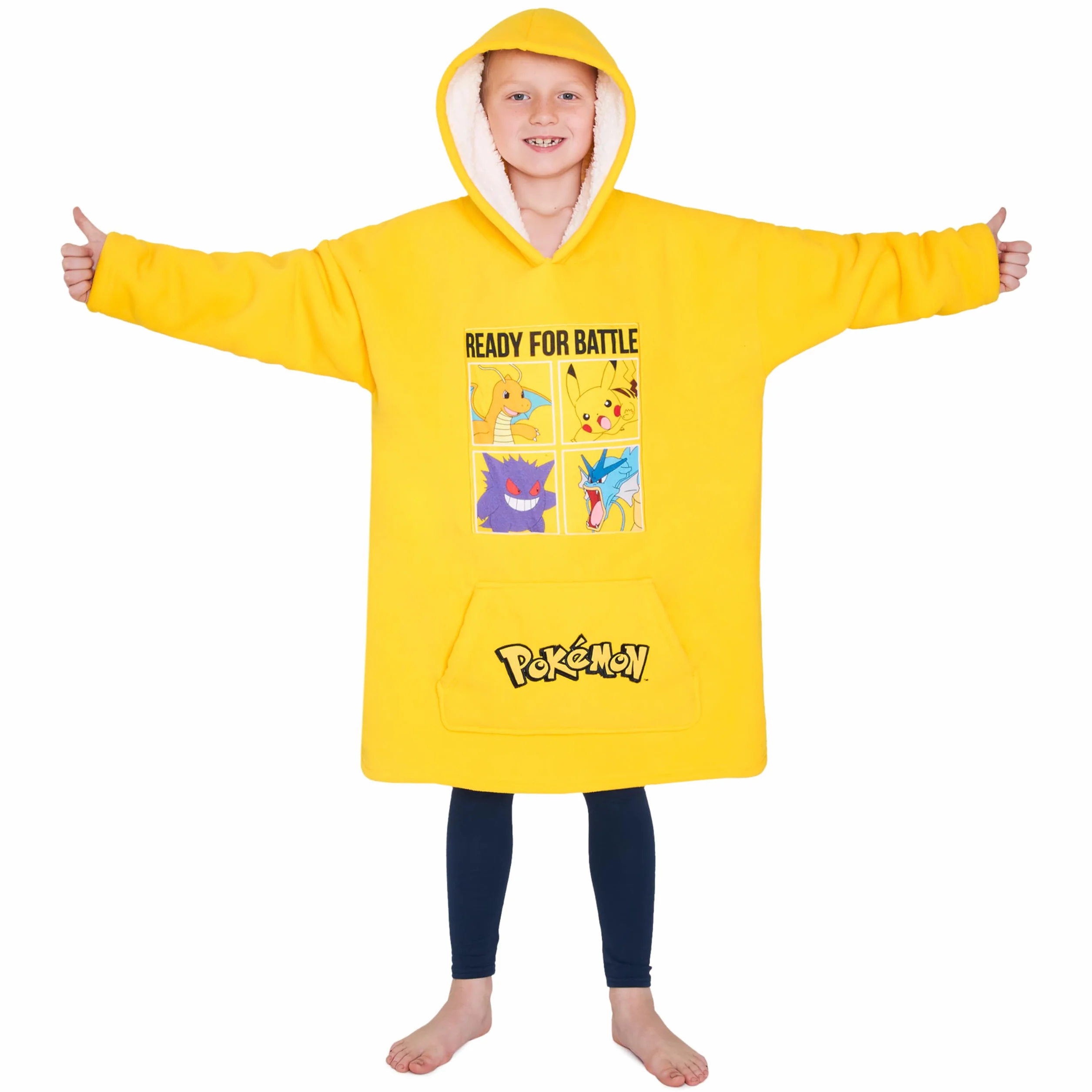 Pokemon Koc z polaru z kapturem dla dzieci i młodzieży - Dziecięca bluza oversize w jednym rozmiarze z podszewką Sherpa Prezenty dla dzieci (żółty)